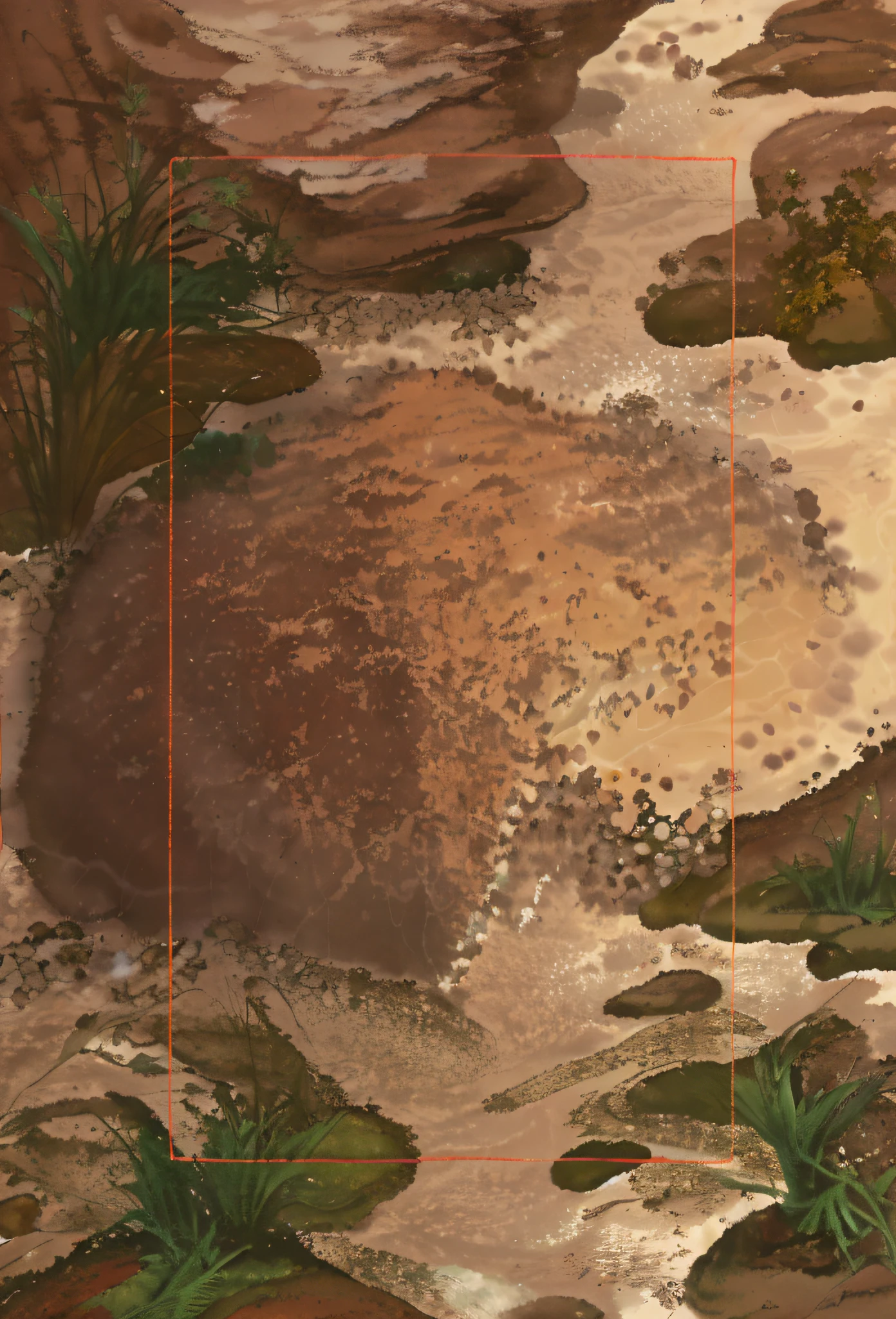Sand, reef, moss, gravel, puddles