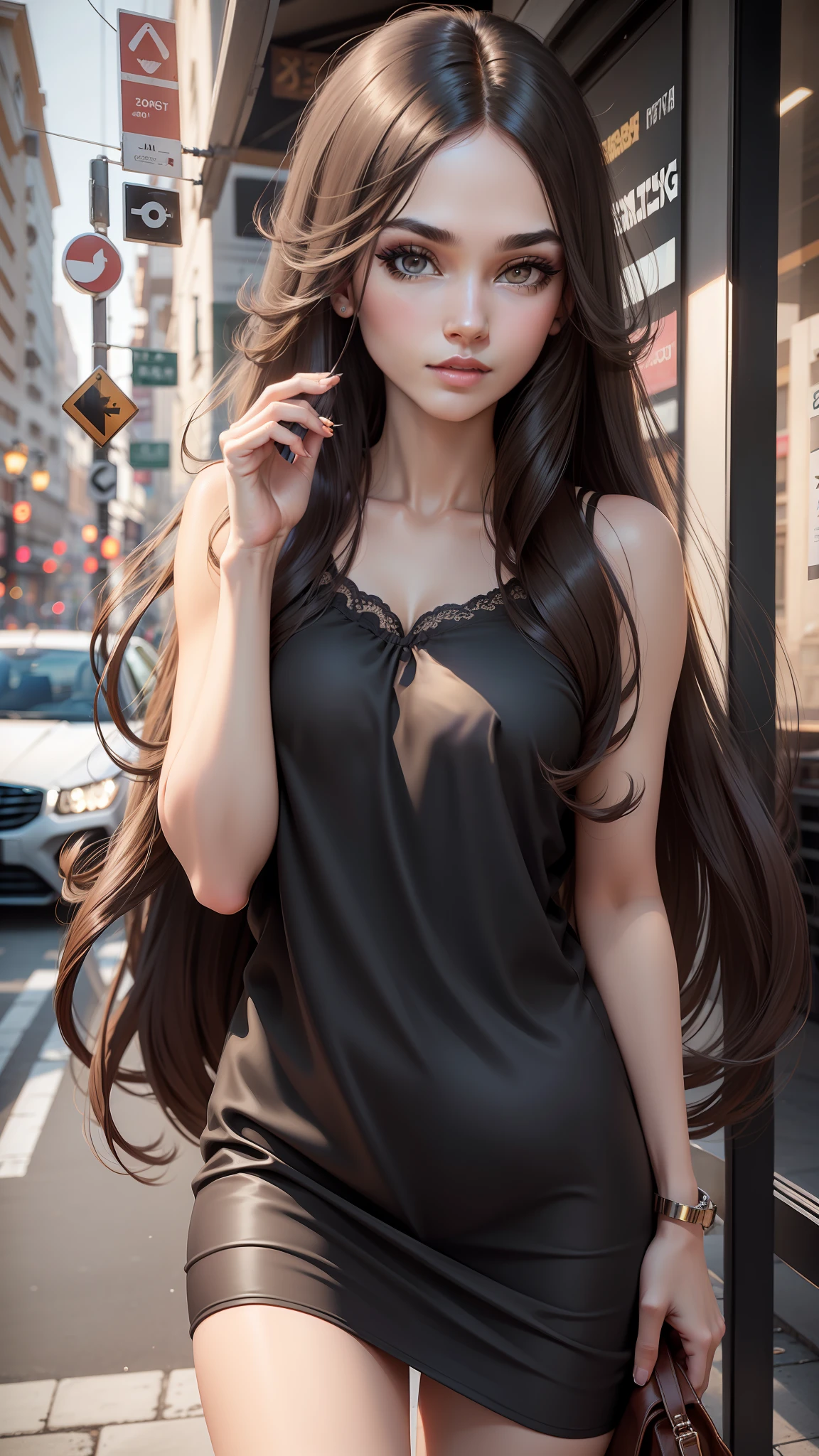 Best beauties, long lashes, black eyeliner, beautiful face with straight nose, brown long hair, casual design fashion, city, real photo stick, detailed details