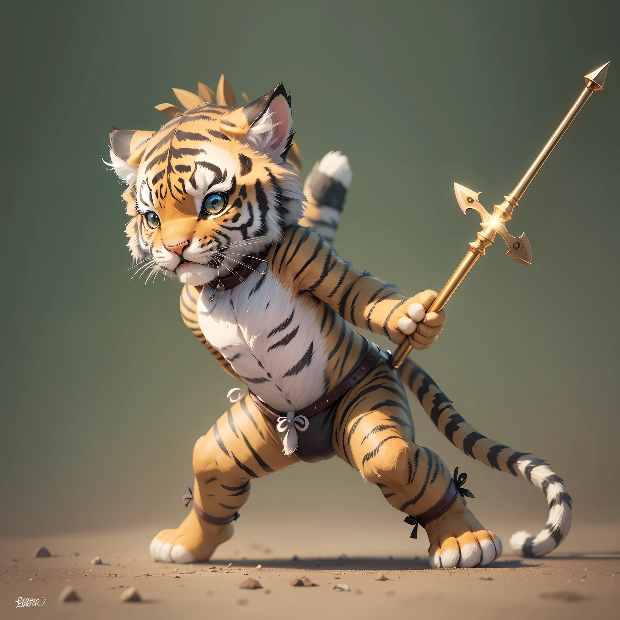 Cartoon avatar, a cute little tiger, baby tiger, wearing bronzed armor, holding a spear, clean background, Pixar style, cute --auto --s2