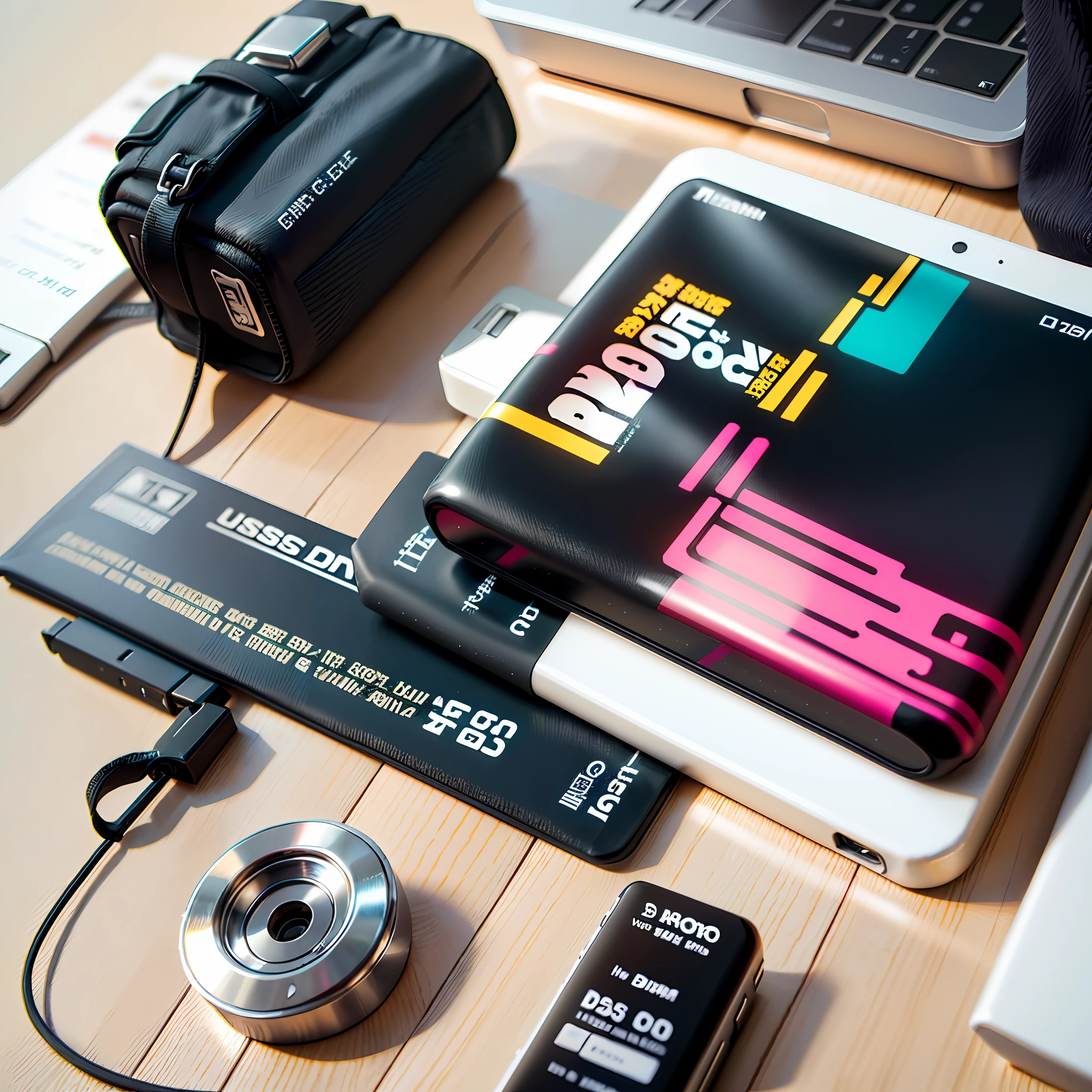 A USB flash drive on the table, give a close-up of the USB drive, with a little small decoration commonly used on the table around it, the overall bright style