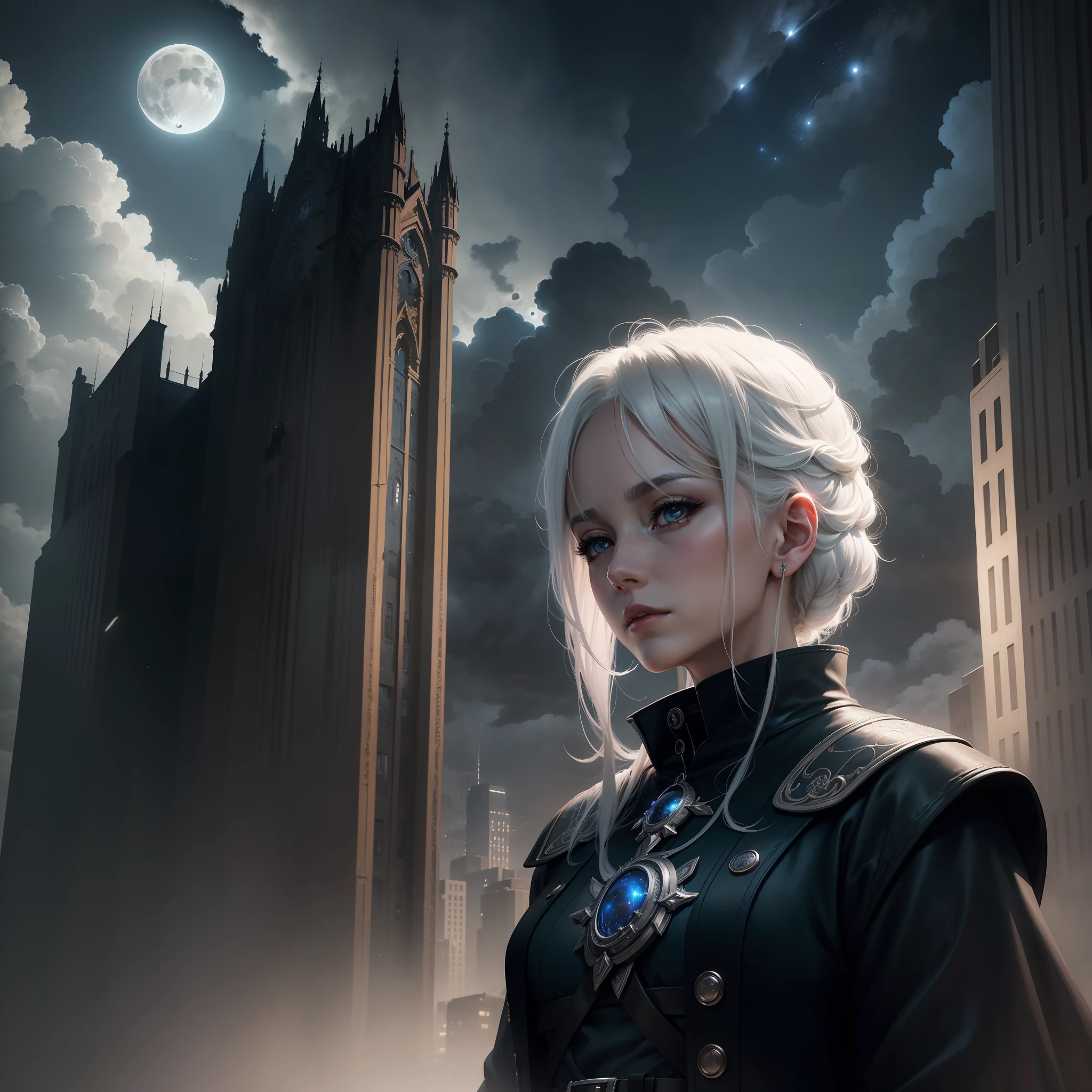 1woman,solo, elderly,white haired , mature, masterpiece, best quality, detailed AI sky, cloudy_sky, building, moonlight, moon, night, (dark theme:1.3), light, fantasy.