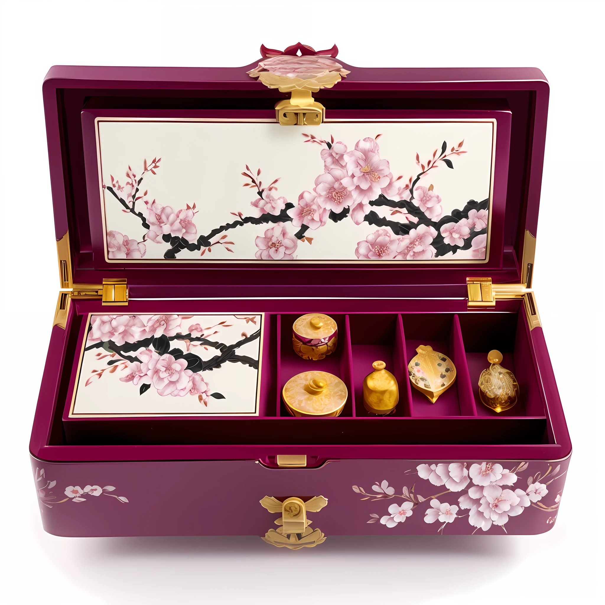 Masterpiece, super high quality, Chinoiserie style, classic elegant style, combination of plum flower pattern decoration and classical cosmetic box, delicate plum flower texture pattern on the surface of the cosmetic box, ultimate details, 4k, dreamlike light and shadow, dreamlike color
