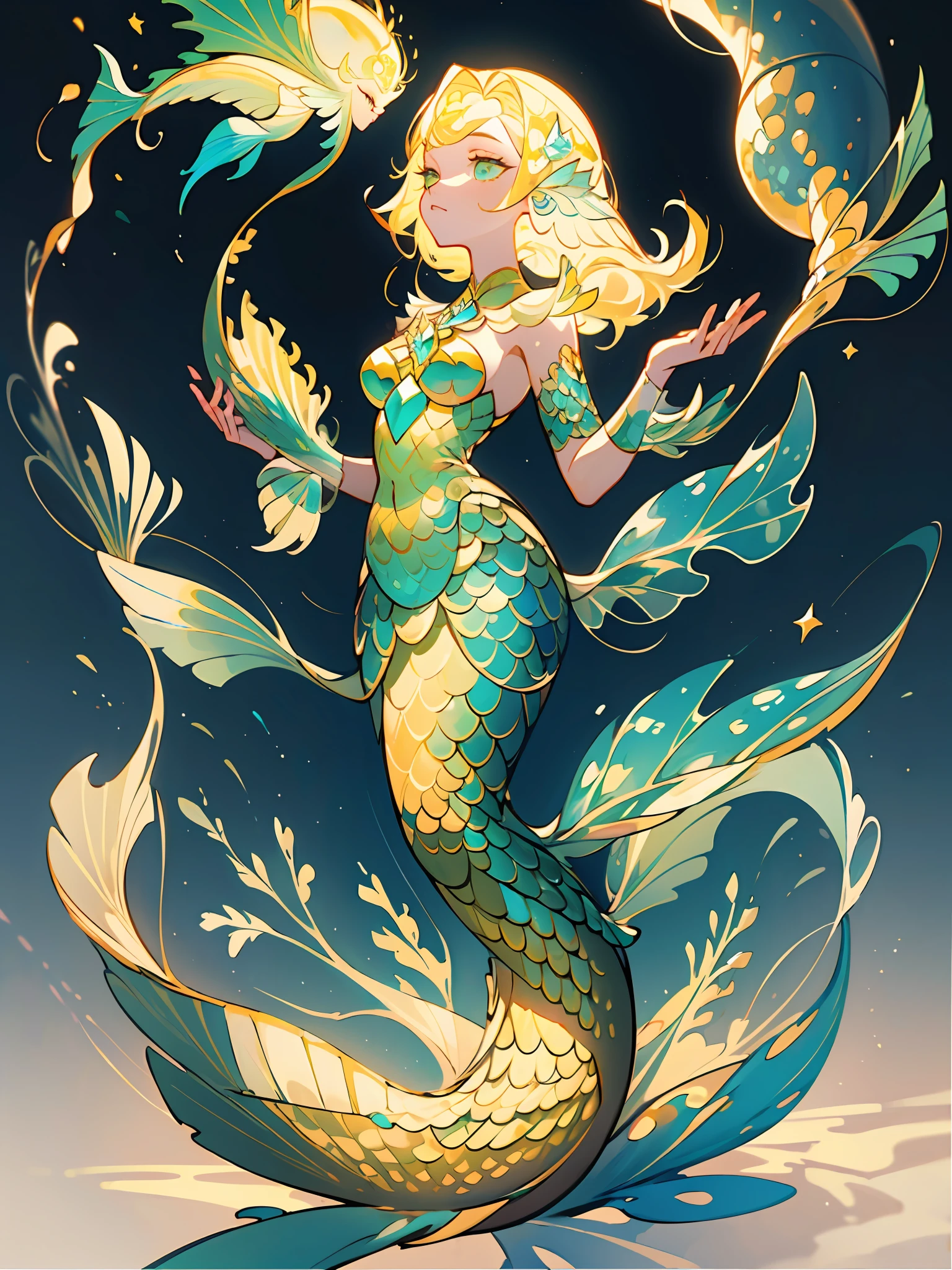 (Best Quality, Masterpiece), 1 Kraken, Yellow Diamond Mineral, Beautiful Full Body Concept Art, (Simple White Background), Long Blonde Hair, Mineral, (Mermaid Tail: 1.4), Smooth Glass Thickness, Transparent, Film Lighting, Rendering, 4K,--niji 5