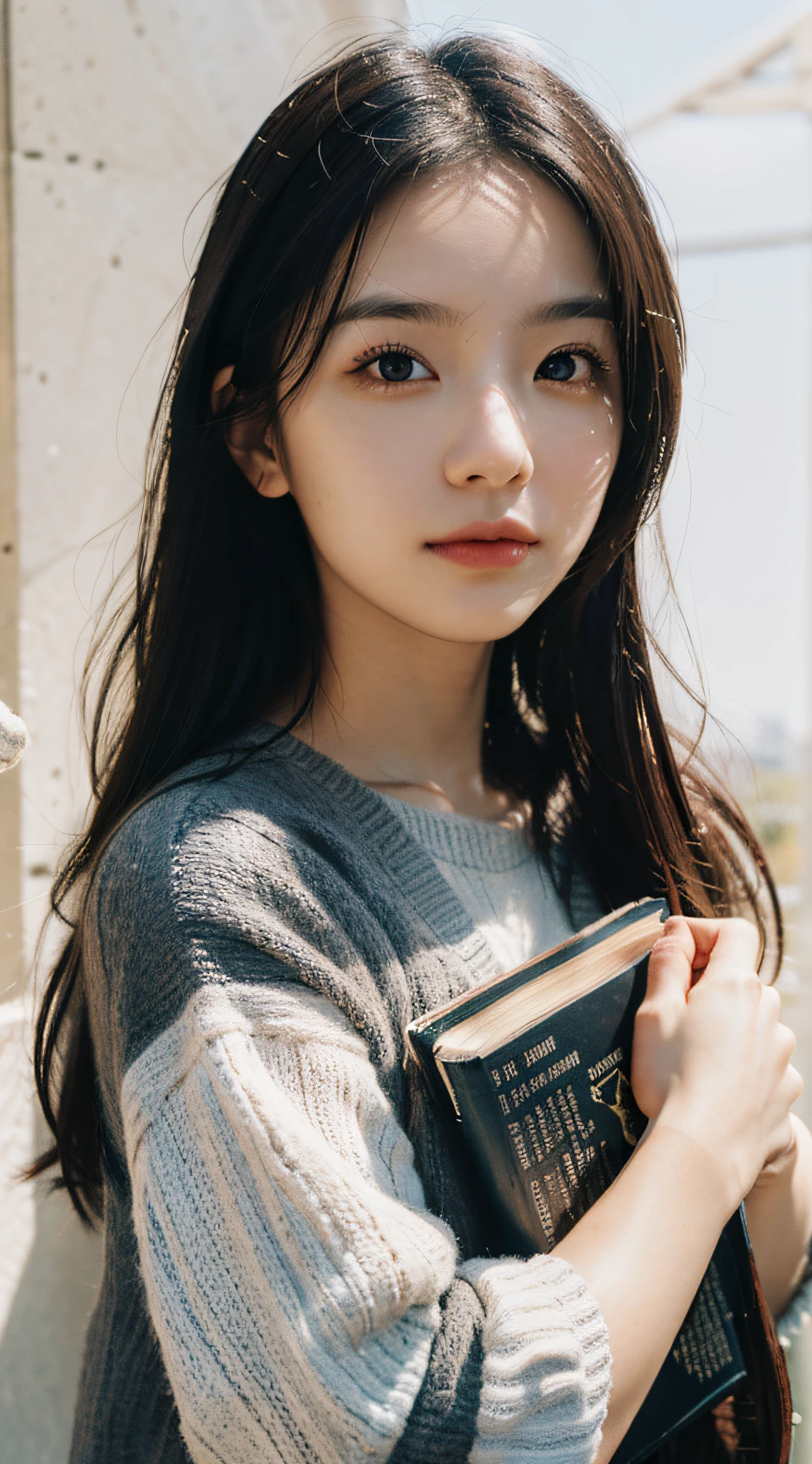 Best Quality, Masterpiece, Ultra High Resolution, (Realistic: 1.4), Original Photo, Head Photo, Skin, Simple Background, Black Eyes, Detail, Selfie, 1 Girl, Holding a Book, Sunshine,
