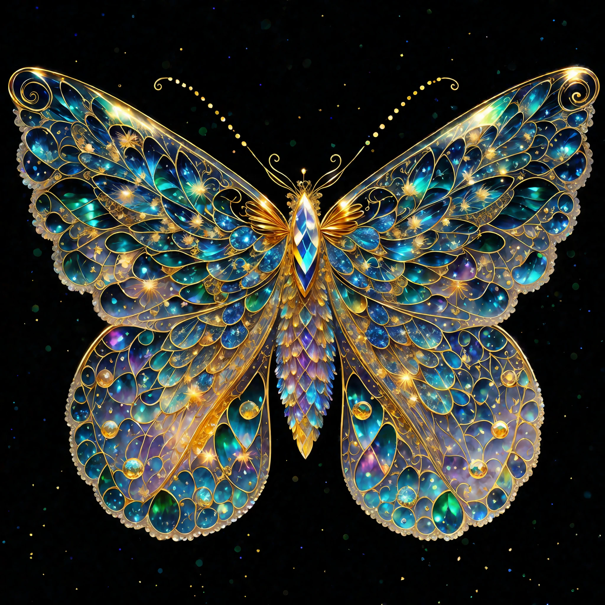 Iridescent colors, flying insects, scales, wings, blue, textured, complex, gorgeous, shadows, pastel colors, highly detailed, decorative style, Tim Burton, Dale Chihuli, Xiaolongcheng, Cyril Rolando, author hour gigue, bright gold, rainbow gold leaf, gold dust, sparkle, diamond, crystal, rainbow, gold dust, gold leaf, bright gold, universe, milky way, starry sky