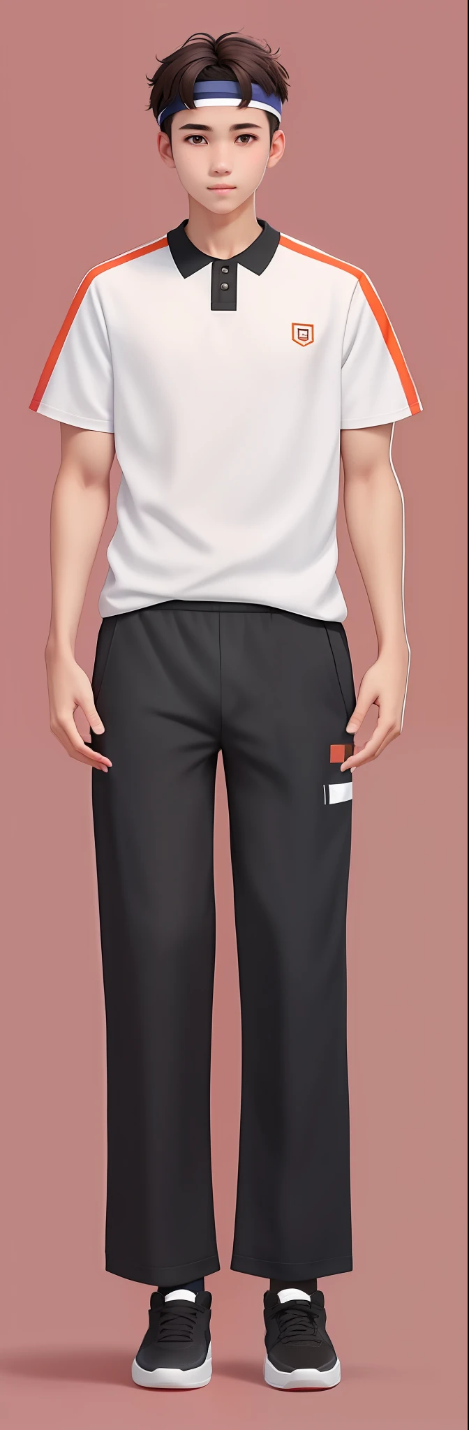 A male high school student with short hair, middle-haired, wearing a headband, wearing a short-sleeved shirt with a black neckline, black sports pants, and black sneakers