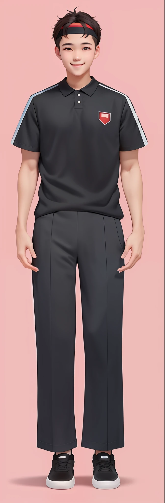 A happy male high school student with short hair, wearing a headband, wearing a short-sleeved shirt with a black neckline, black sports pants, and black sneakers