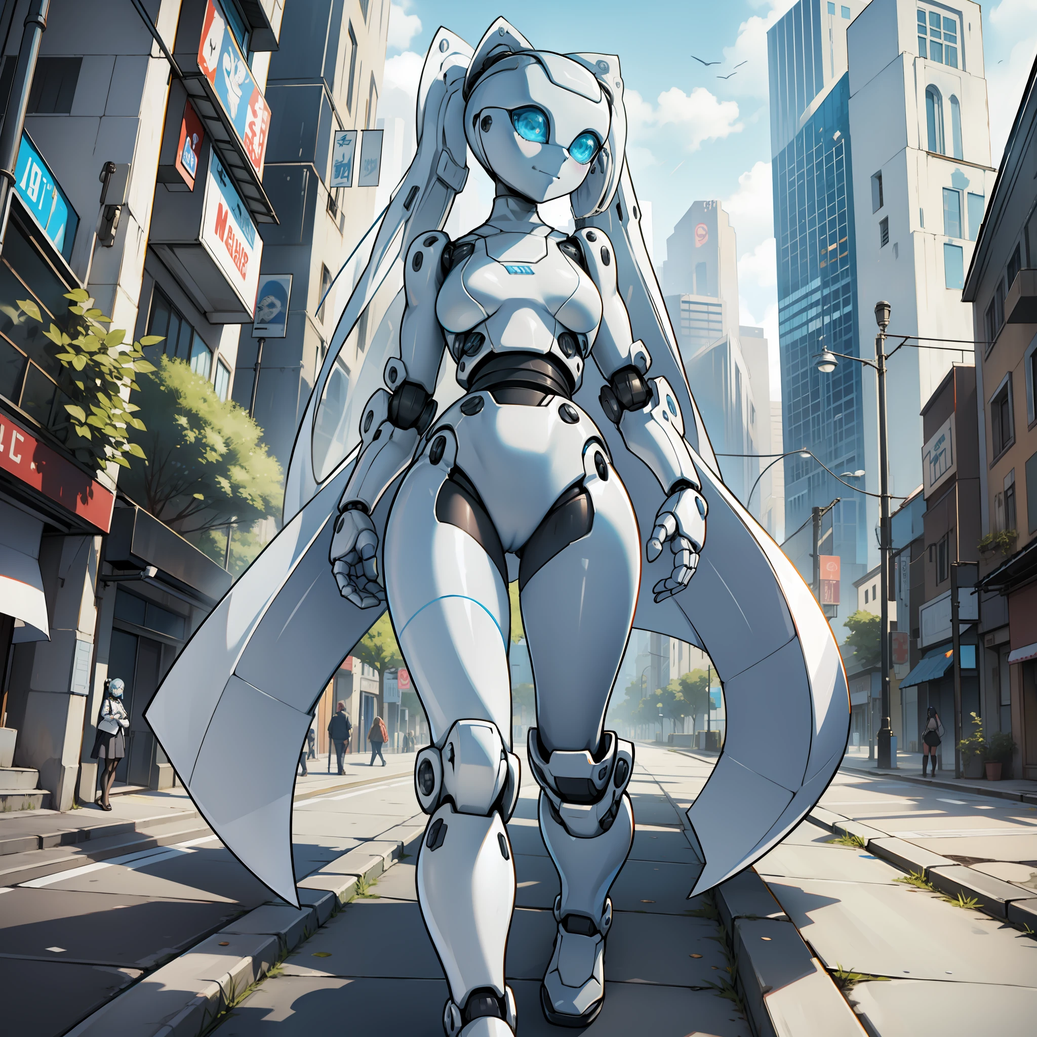 Beautiful and detailed image, drossel von flügel, woman, robot, white skin, smile, blue eyes, looking at the viewer, small breasts, 4k, masterpiece, best quality, solo, single character, high detail, drossel, twintail, (no mouth), big eyes, full-length, standing, street, white city, future, science fiction, legs, metal hair