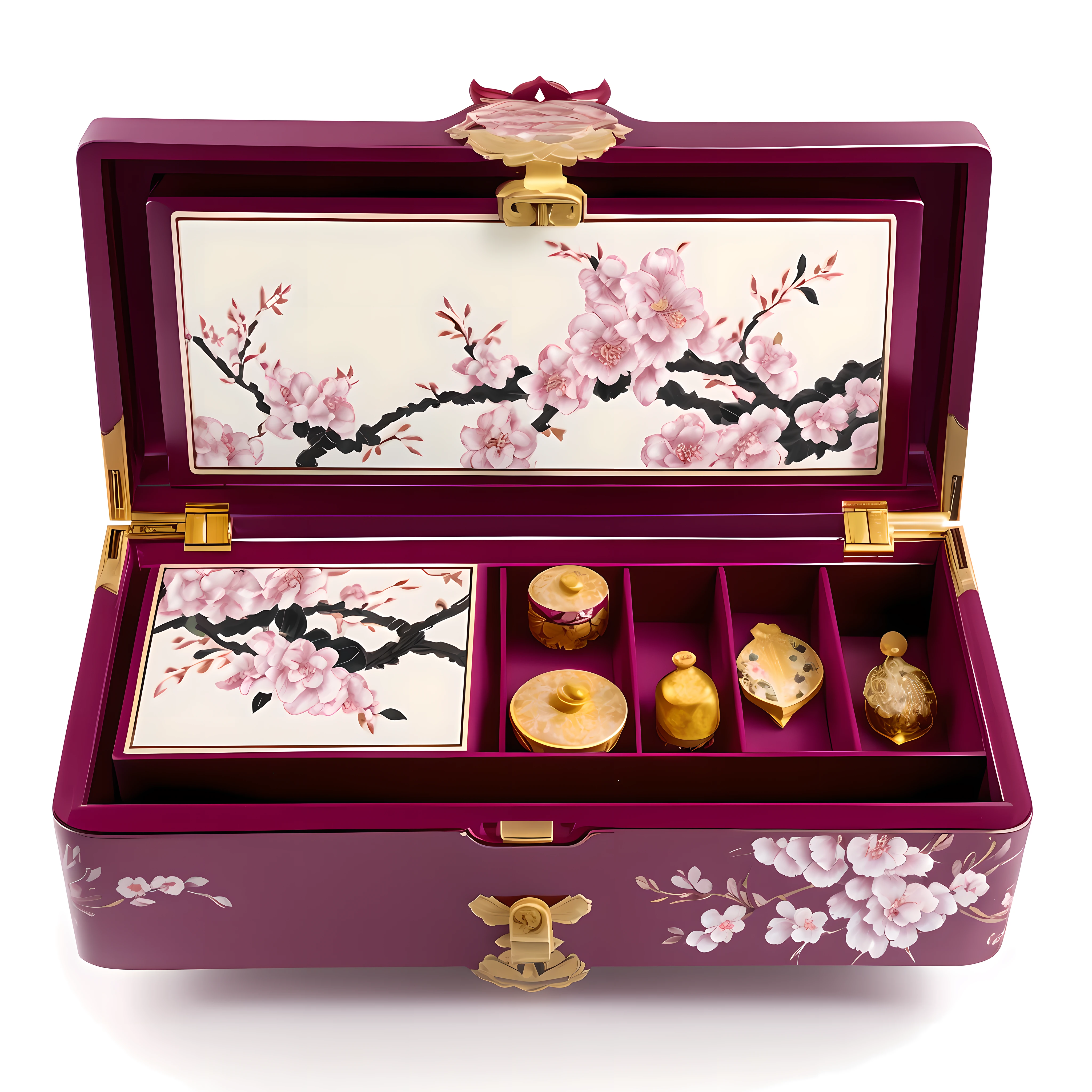 Masterpiece, super high quality, Chinoiserie style, classic elegant style, combination of plum flower pattern decoration and classical cosmetic box, delicate plum flower texture pattern on the surface of the cosmetic box, ultimate details, 4k, dreamlike light and shadow, dreamlike color