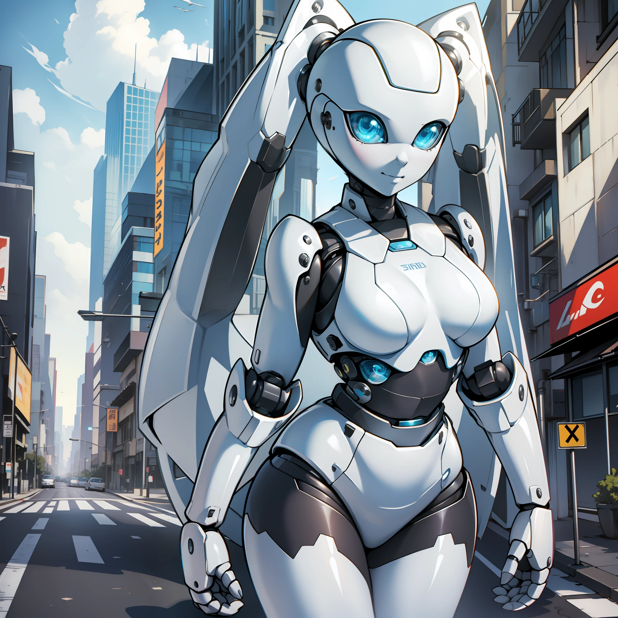 Beautiful and detailed image, drossel von flügel, woman, robot, white skin, smile, blue eyes, looking at the viewer, small breasts, 4k, masterpiece, best quality, solo, single character, high detail, drossel, twintail, (no mouth), big eyes, full-length, standing, street, white city, future, science fiction, legs, metal hair