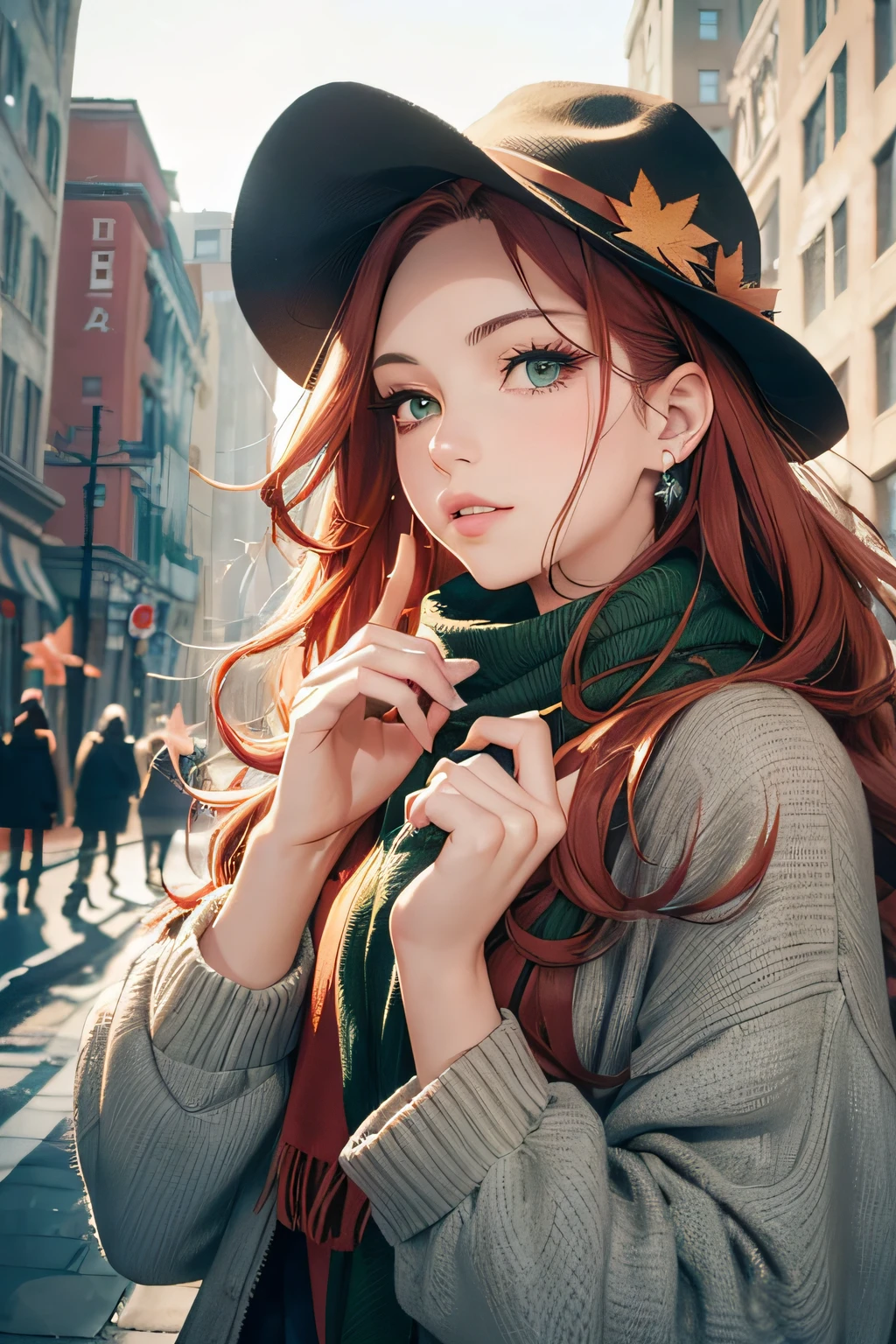 (masterpiece), (portrait), (aesthetic), (beautiful), (upper blody), (high quality), (aesthetic clothings), (professional angle), (rule of thirds), (Feminine), (woman), (female), (beautiful),(feminine features), (25 years), solo, 1 woman, (attractive Canadian), Fall, Warm light, (Confident), Glamorous Makeup, (Curvy bust), ((holding a Maple Leaf)), (Three-quarter face), (Serious expression), ((Focused)), Scarf, -, ((Long hair)), (Red hair), (Cascading Curls hair), (Wavy hair), Glossy shine hair, (Hat in hair), (Green eyes), (Chic look), (Fair skin), (Earth Tones clothing), (Sweater), (Jacket), (Jeans), Crew Neck neckline), ((City Street background)), (- in background), (Wide Shot shot), beautiful hands, two hands, normal hands, two arms, complete hands, beautiful body, beautiful fingers, normal fingers, five fingers, five fingers, (Thumb index meddle ring little fingers), beautiful ears, normal ears, beautiful eyes, shiny eyes, beautiful mouth, beautiful lips,