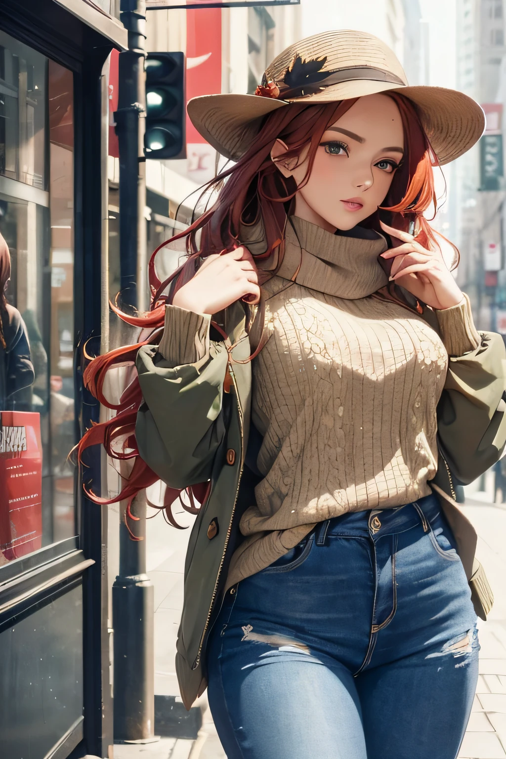 (masterpiece), (portrait), (aesthetic), (beautiful), (upper blody), (high quality), (aesthetic clothings), (professional angle), (rule of thirds), (Feminine), (woman), (female), (beautiful),(feminine features), (25 years), solo, 1 woman, (attractive Canadian), Fall, Warm light, (Confident), Glamorous Makeup, (Curvy bust), ((holding a Maple Leaf)), (Three-quarter face), (Serious expression), ((Focused)), Scarf, -, ((Long hair)), (Red hair), (Cascading Curls hair), (Wavy hair), Glossy shine hair, (Hat in hair), (Green eyes), (Chic look), (Fair skin), (Earth Tones clothing), (Sweater), (Jacket), (Jeans), Crew Neck neckline), ((City Street background)), (- in background), (Wide Shot shot), beautiful hands, two hands, normal hands, two arms, complete hands, beautiful body, beautiful fingers, normal fingers, five fingers, five fingers, (Thumb index meddle ring little fingers), beautiful ears, normal ears, beautiful eyes, shiny eyes, beautiful mouth, beautiful lips,