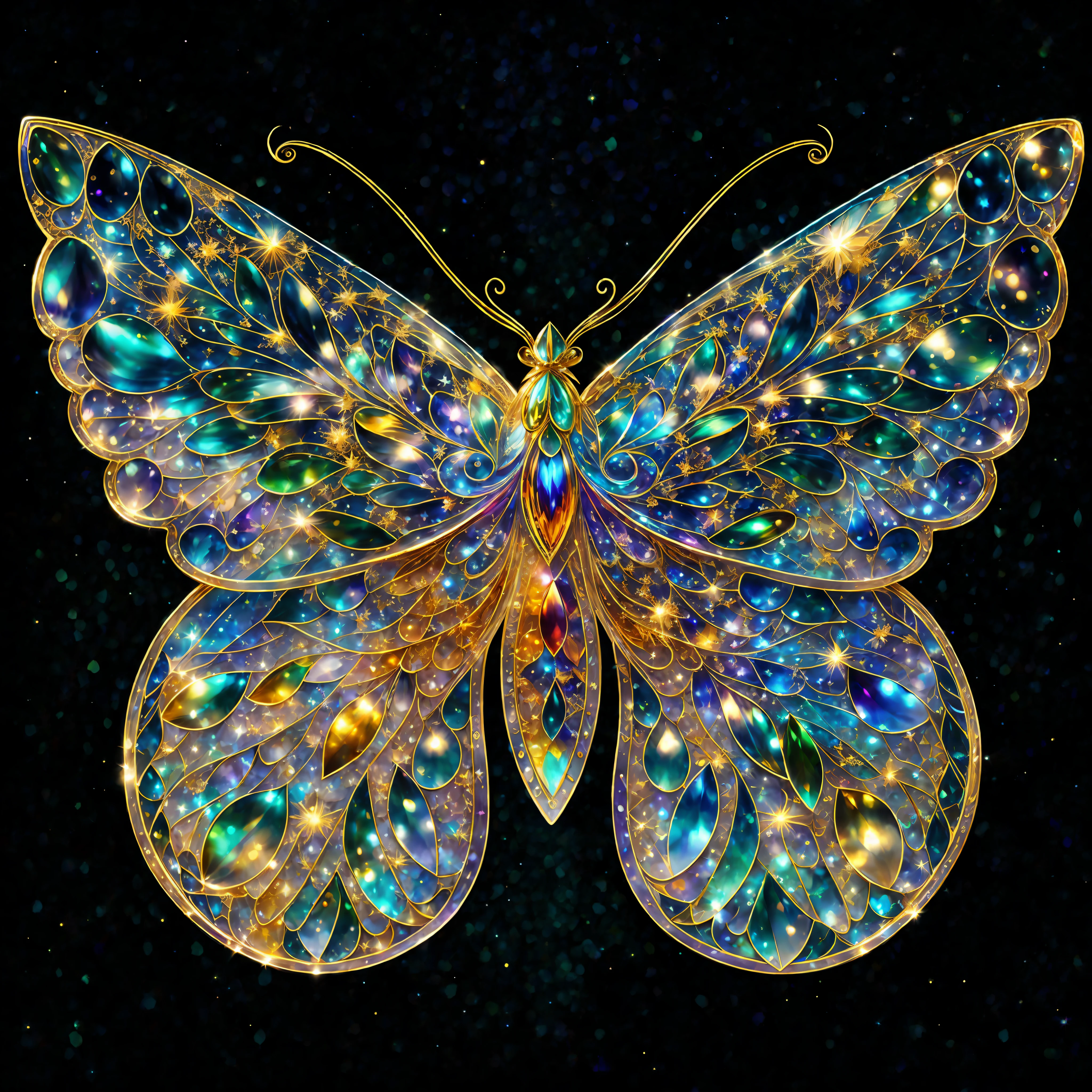 Iridescent colors, flying insects, scales, wings, blue, textured, complex, gorgeous, shadows, pastel colors, highly detailed, decorative style, Tim Burton, Dale Chihuli, Xiaolongcheng, Cyril Rolando, author hour gigue, bright gold, rainbow gold leaf, gold dust, sparkle, diamond, crystal, rainbow, gold dust, gold leaf, bright gold, universe, milky way, starry sky