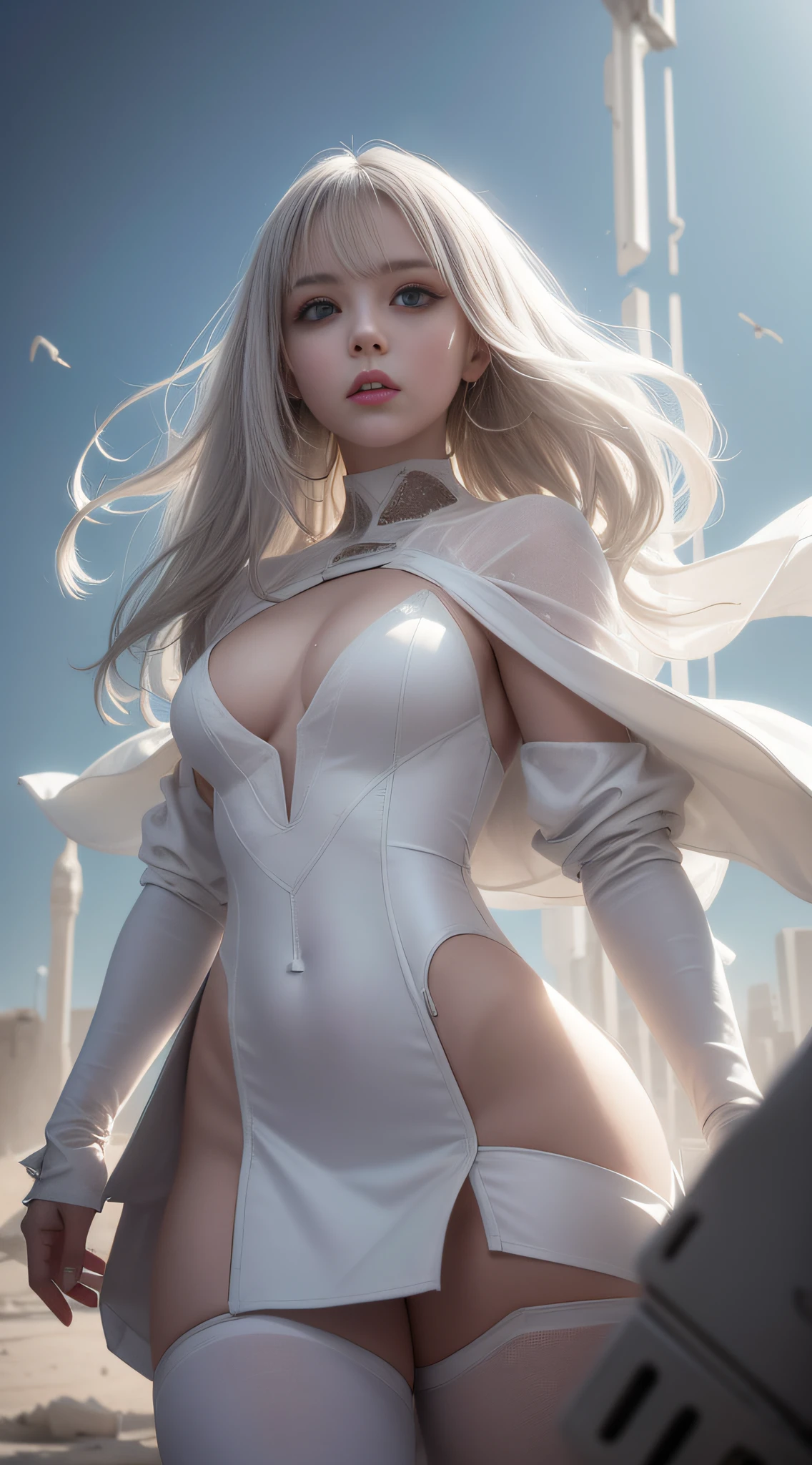 Gray white desert ruins, girl wearing a white dress, standing in the middle of the wreckage, soft cyberpunk style, her clothes like a broken ghost costume, cyberpunk dress, flowing dress, futuristic clothes, white ragged cape fluttering in the wind, futuristic clothing, elegant movie pose, movie goddess lens, with characters as the core, looking squarely.