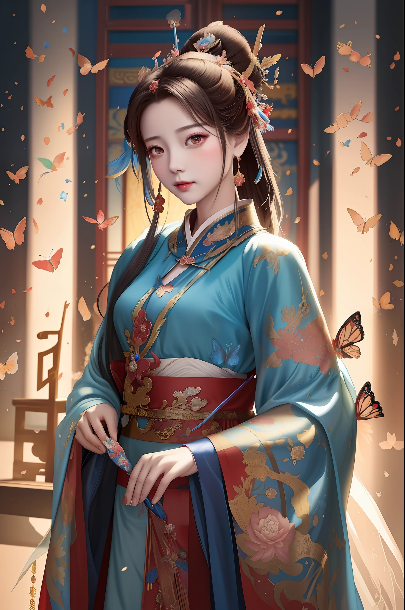 there is a woman in a blue and red dress with butterflies flying around her, palace , a girl in hanfu, hanfu, artwork in the style of guweiz, a beautiful fantasy empress, beautiful digital artwork, chinese style, ((a beautiful fantasy empress)), beautiful character painting, traditional beauty, guweiz, with acient chinese clothes