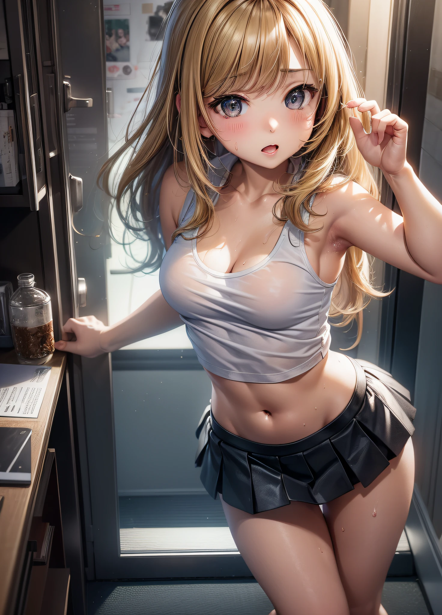 (masterpiece, best quality, high definition), (Anna Tanaka), blonde schoolgirl in tank top and mini skirt, white ultra-thin panties, one girl, nsfw, shooting looking up from underfoot, sweat