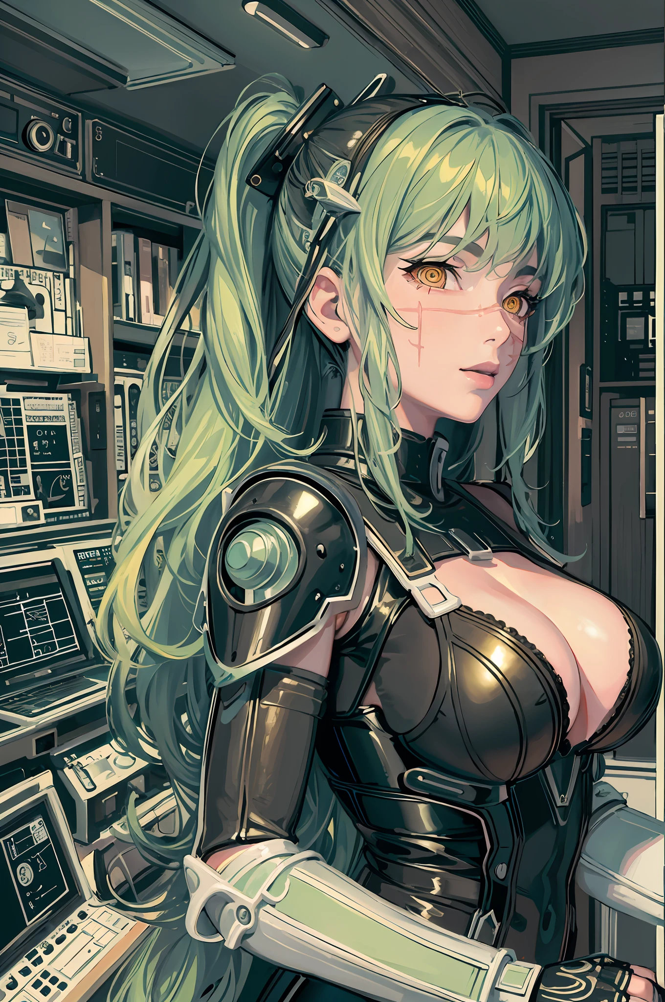 (((masterpiece))), (((best quality))), ((ultra-detailed)), (highly detailed CG illustration), ((an extremely delicate and beautiful)), cinematic light,((1girl)), solo, (upper body), (character focus), absurdres, high contrast, extreme detailed,colorful,highest detailed, science fiction, nanosuit, high ponytail, (light green hair), yellow eyes, knee boots, (spacecraft interior), mechanical limbs, large breasts, metal wire,