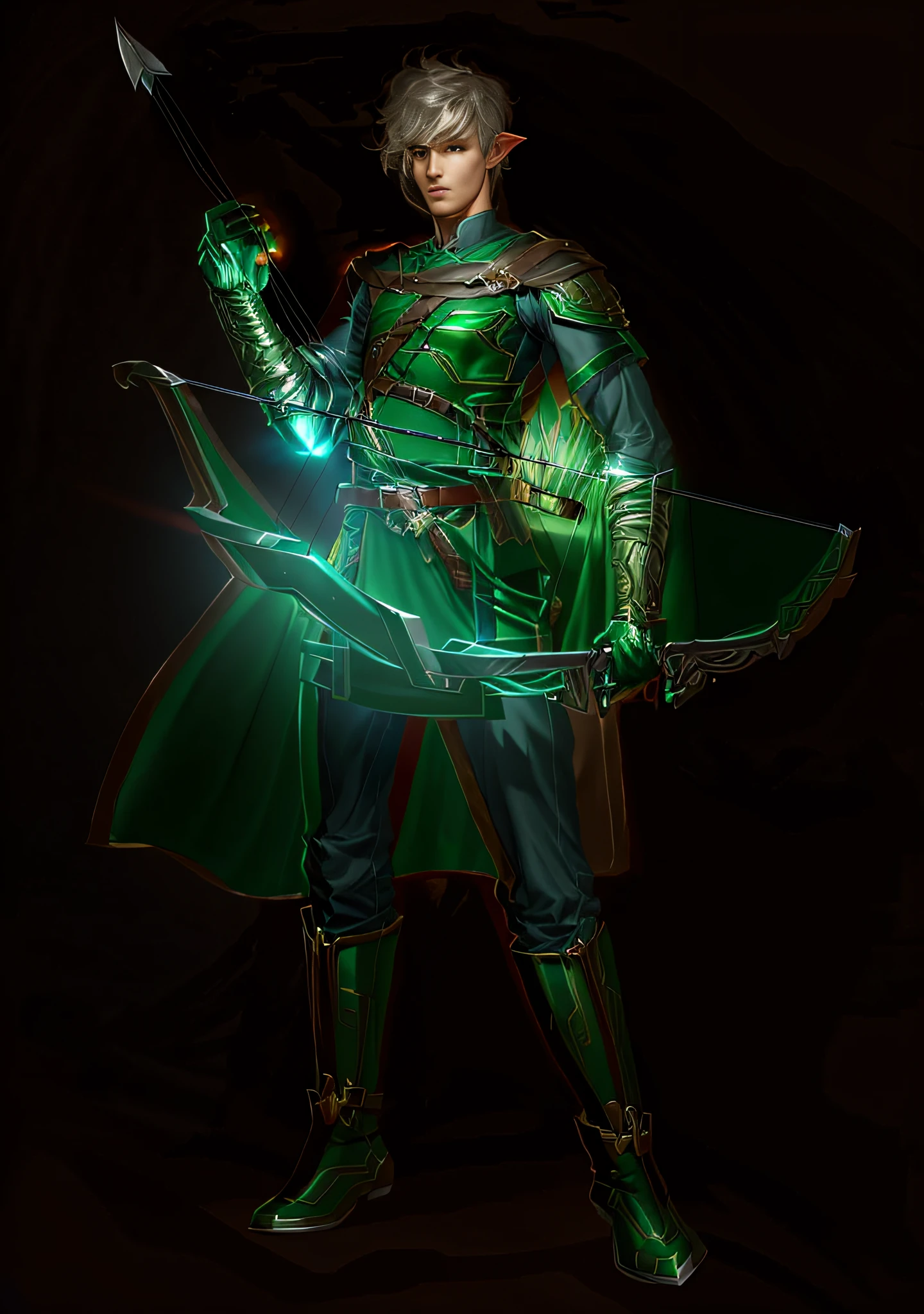 Best quality, high resolution, a man with a bow and arrow, sharp line art, clean line art, male elf ranger, detailed full body concept, as DND character, DND character concept, full body concept, character pose concept art, clear costume design, complex fantasy character