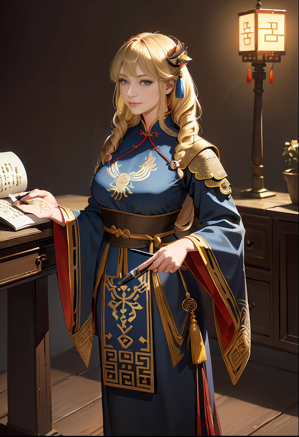 (masterpiece, best quality, ultra-detailed, best shadow, painting, absurdres), (western style:0.5), (realistic:1.2), analog style, (Fibonacci), (detailed background, cowboy shot, full body, standing, gentle smile, brush, calligraphy brush, writing in book, inkwell, desk, holding book, looking at viewer, medieval ), ( detailed face, masculine features, strong jawline), (best illumination), ((cinematic light)), colorful, hyper detail, dramatic light, intricate details, (woman named Huafei, chinese, paper doll, paper hair, paper skin, inky eyes, sandy blonde hair, chinese text, black eyes, hanfu, writing on skin, goddess ), made by mori