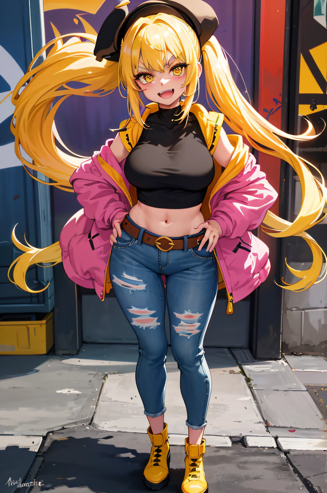 Original Character, Volumetric Lighting, Best Shadows, Shallow Depth of Field, Portrait Of Stunningly Beautiful Girl, Petite, Delicate Beautiful Attractive Face With Alluring Yellow Eyes, Messy Painted Face, Sharp Eyebrows, Broadly Smiling, Open Mouth, Fangs Out, Lovely Medium Breasts, Layered Long Twintail Blond Hair, Blush Eyeshadow, Thick Eyelashes, Applejack Hat, Oversized Pop Jacket, Mini Underboob Tee, Open Navel, Slim Waist, Denim Jeans Pants, With Buckle Belt, In The Graffiti Alley, Waste Container, Outside Stairs, Outdoor Unit, Holding Spray Paint Can, Standing, (Highest Quality, Amazing Details:1.25), (Solo:1.3), Brilliant Colorful Paintings