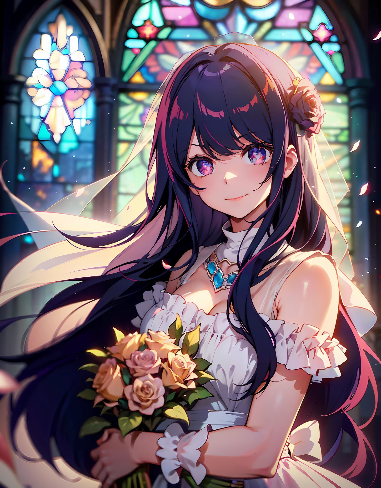 A maiden with a bouquet in her arms: 1.2), rose, maiden figure, wearing a wedding dress, clothes translucent, bride, (finger diamond ring: 1.2), (wedding dress: 1.1), finger cheeks, eyes glowing with floating hair, holding a bouquet, (faint smile: 1.3), magical girl, (church), stained glass background, (rose petals), fantasy, dream, looking at the audience, (Particles: 0.7), Side Light, (Tyndall Light), (Masterpiece, Flat Color, Color: 1.0), (Best Quality: 1.2), (High Accuracy: 1.1), 8K Resolution, (Detailed: 1.1), Delicate, Perfect Light and Shadow, Clear Background, Noise Reduction