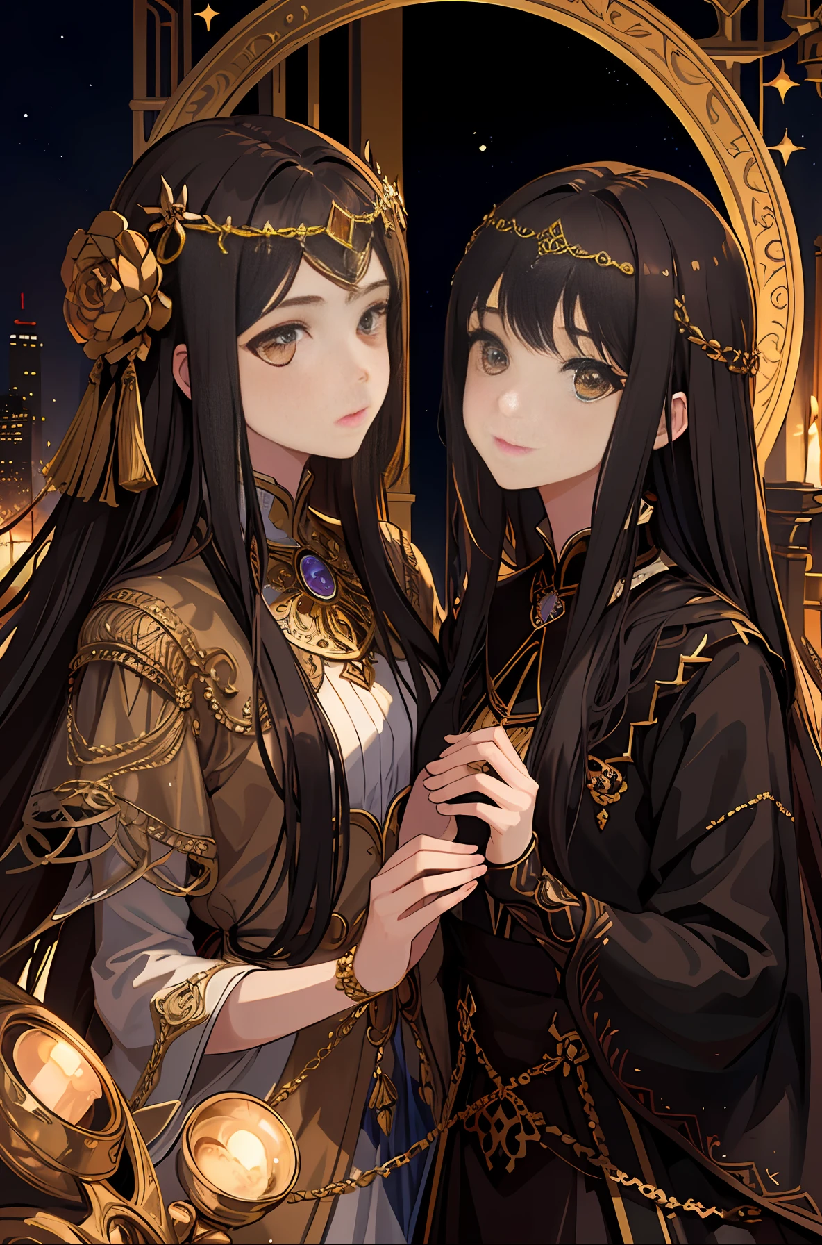 (masterpiece, highest quality, best quality, official art, beautiful and aesthetic: 1.2), (2girl), extremely detailed eyes, (fractal art: 1.3), colorful, highest level of detail, (perfect face), shiny skin, HDR) duo, goddesses, glowing eyes, yellow eyes, light from the eyes, light from the goddesses, elaborate light, ((hands boat)), look in different directions, brown long hair, dark background, background city, people in the background,  look at goddesses, focus on goddesses, upper body, simple background