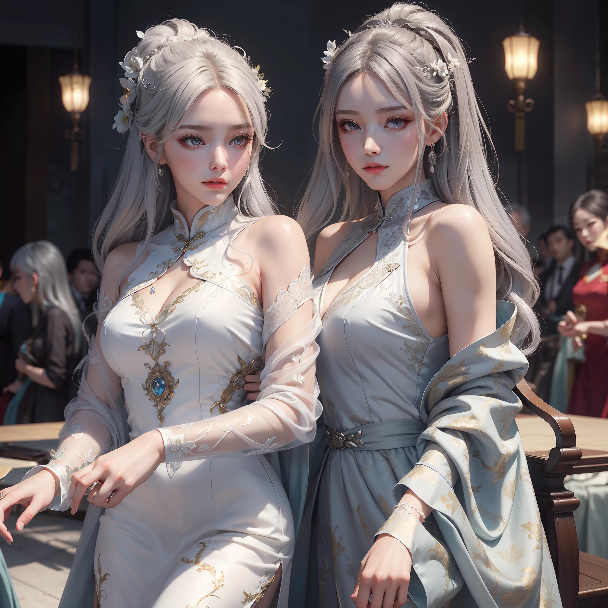 Vixen, graceful, beautiful face, charming eyes, silver hair, delicate clothing, cheongsam, feminine, elegant, (masterpiece:1.2), best quality, masterpiece, hires, original, extremely detailed wallpaper, perfect lighting, (extremely detailed CG:1.2)