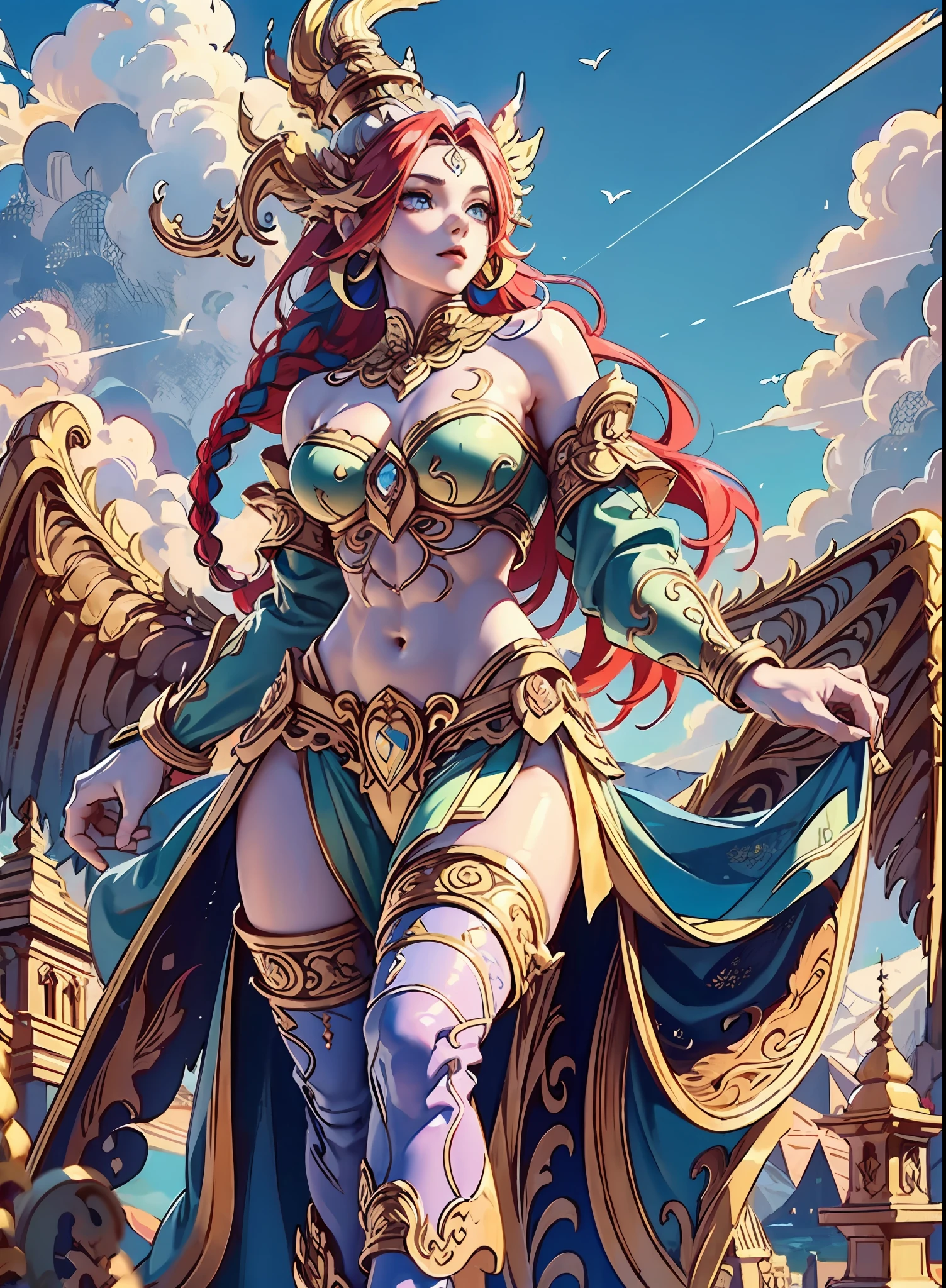 Phaya Krut King Garuda, Ultra Fine 8k cg, Sexy Goddess, ((Multi-colored Hair, Long Hair)), Symmetrical, Mature Female, Perfect Female Body, Stretched Legs, Juice, Thighs, Girl, White Skin, Colored Hair, Side Braid, Beautiful Blue Eyes, Smooth Skin, Country Background, White Clouds, Mountain Waterfall, High Detail, 8k, FHD, High Resolution, Bright Eyes, Full Body Portrait, Wizard Hat, Traveling Magician, Complexity, Drama, Fantasy, Colorful Cloudy Sky, picture scale coordination, flying butterfly, mountain, mountain range