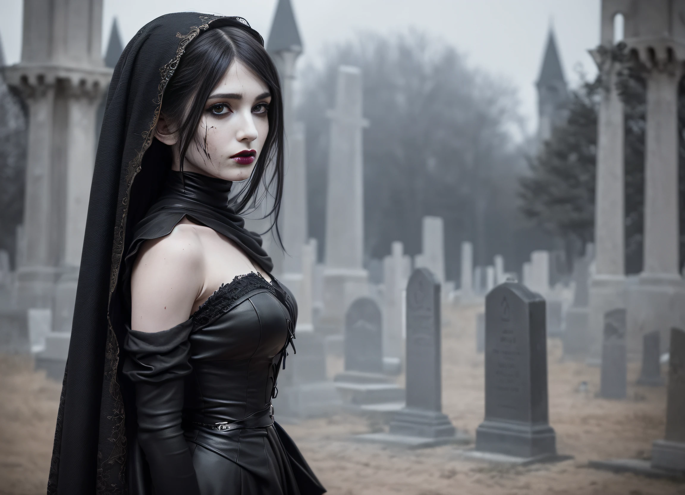 best quality, masterpiece, (realistic:1.2), (1girl,solo:1.6),a young  women, witch,evil,waist up, Middle Ages style, Gothic style,detailed face, detailed eyes, (detailed  black hair:1.4),strict expression, detailed skin,  (detailed clothes:1.5),cloak,look at viewer, dramatic, vibrant, sharp focus,  Middle Ages dark environment,castle,forest,(((cemetery))),50mm,F1.2, EOS-1D X Mark III,(half body:1.2),(in the night),standing,(complex background:1.6), (heavy makeup:1.3),(blood on the face:1.2),dagger in the hand