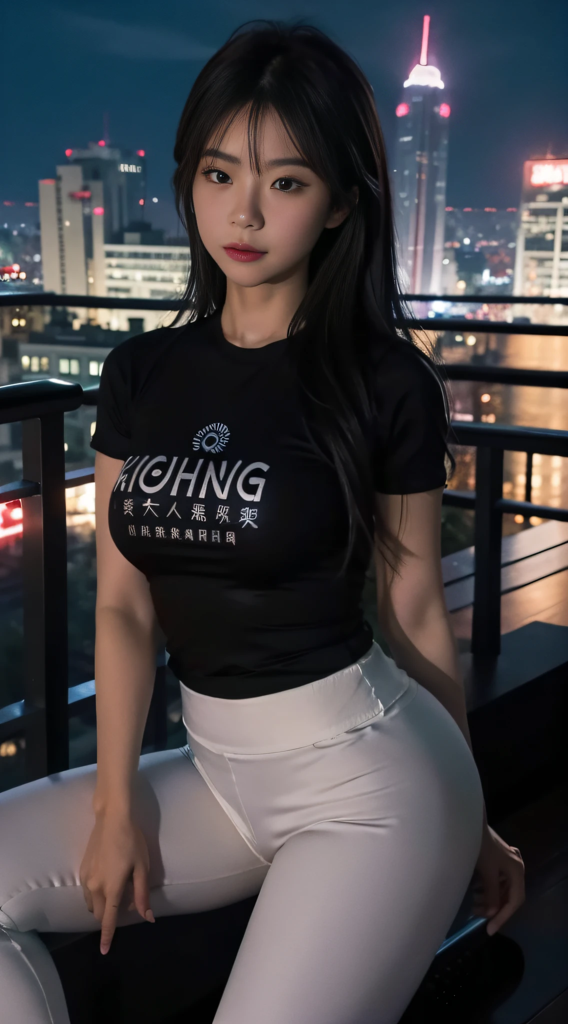 A Chinese woman at night on the rooftop of a tall building, fluffy hair, delicate face, bright, real girl, large aperture, wearing gray tight yoga pants trousers, wearing black yoga shirt, short sleeve yoga shirt, letter yoga shirt, close shot, plump, slightly fat, standing, frontal shooting, very plump, sexy