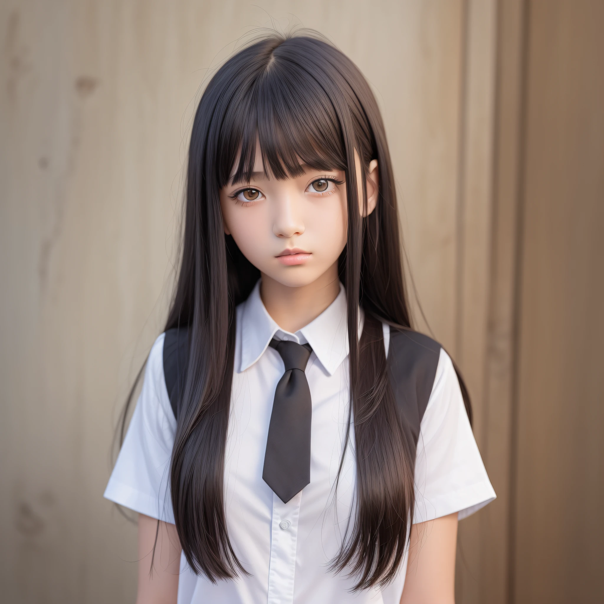 masterpiece, best quality, realistic, 1girl, 14years old, black hair, long hair, blunt bangs, red eyes, school uniform