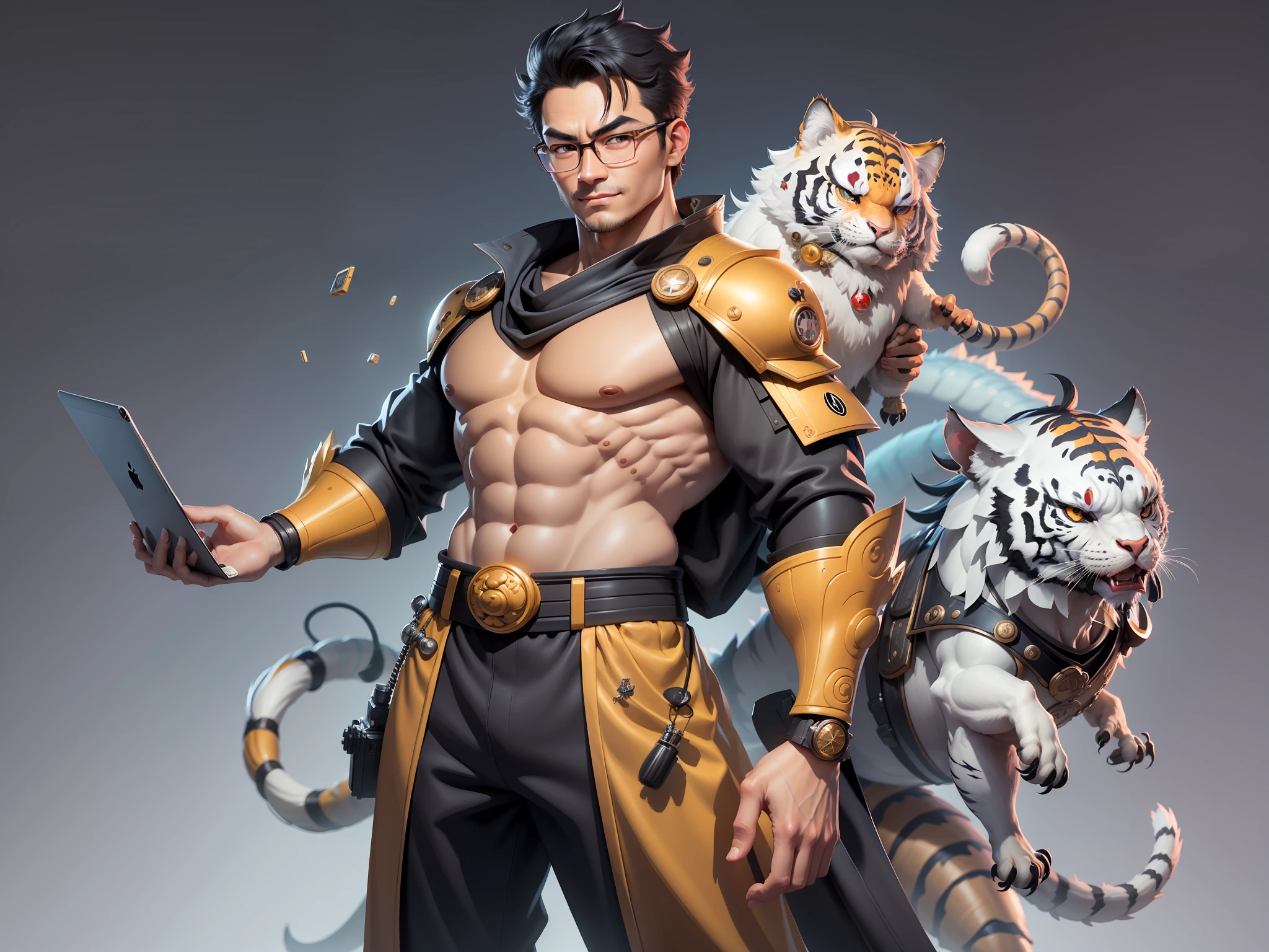 (Masterpiece), (Excellent), (Super Meticulous), (Full Body: 1.2), Super Young Man with Japanese Female Geisha, Pretty, Beautiful, Chinese Dragon, Tiger, Wind God Thor, Sexy, Bursting, Oriental Face, TV Anchor, Bust Portrait Illustration, Black Suit, Blue Tie, Slightly Chubby Face, Silver Glasses, Very Clean Face, No Beard on Chin, Black Super Short Hair, Black Eyes, Confident Smile, 3c Computer Sub-Products, iPad, iPhone, Digital Painting, 3D character design by Mark Clairedon and Pixar and Hayao Miyazaki and Akira Toriyama, the illustrations are HD illustrations in 4K resolution with highly detailed facial features and cartoon-style visuals.