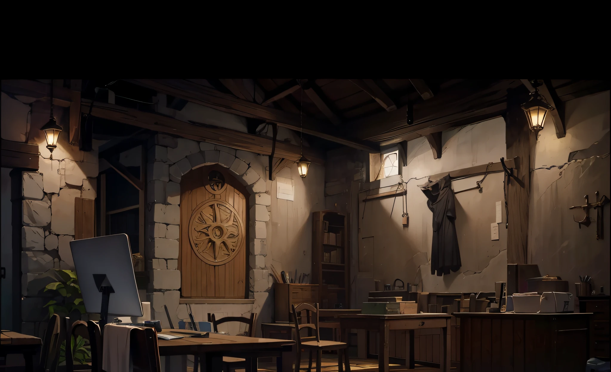 Anime screenshot backgrounds Medieval European workshops of the 1000s No windows Dimly lit room in the basement Drawing boards lined up Messy and uninhabited room Fine line art 2020s anime