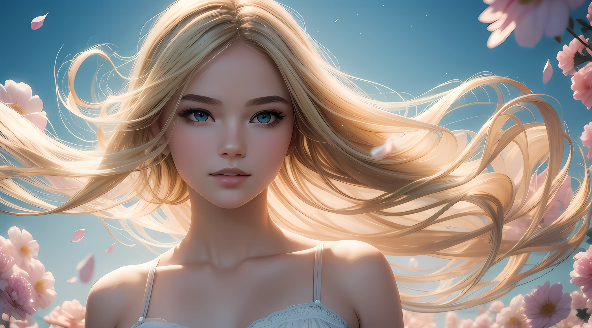 Beauty (Excellent, Masterpiece), 1girl, pose, particles, wind, flowers, upper body, simple background, looking at the audience, focusing on the face, blonde,