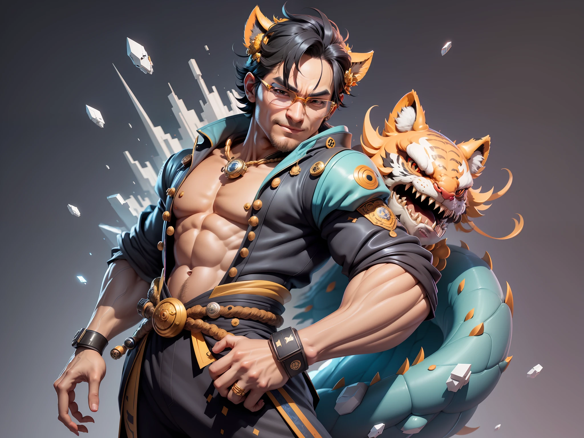 (Masterpiece), (Excellent), (Super Meticulous), (Full Body: 1.2), Super Young Man with Japanese Female Geisha, Pretty, Beautiful, Chinese Dragon, Tiger, Wind God Thor, Sexy, Bursting, Oriental Face, TV Anchor, Bust Portrait Illustration, Black Suit, Blue Tie, Slightly Chubby Face, Silver Glasses, Very Clean Face, No Beard on Chin, Black Super Short Hair, Black Eyes, Confident Smile, 3c Computer Sub-Products, iPad, iPhone, Digital Painting, 3D character design by Mark Clairedon and Pixar and Hayao Miyazaki and Akira Toriyama, the illustrations are HD illustrations in 4K resolution with highly detailed facial features and cartoon-style visuals.