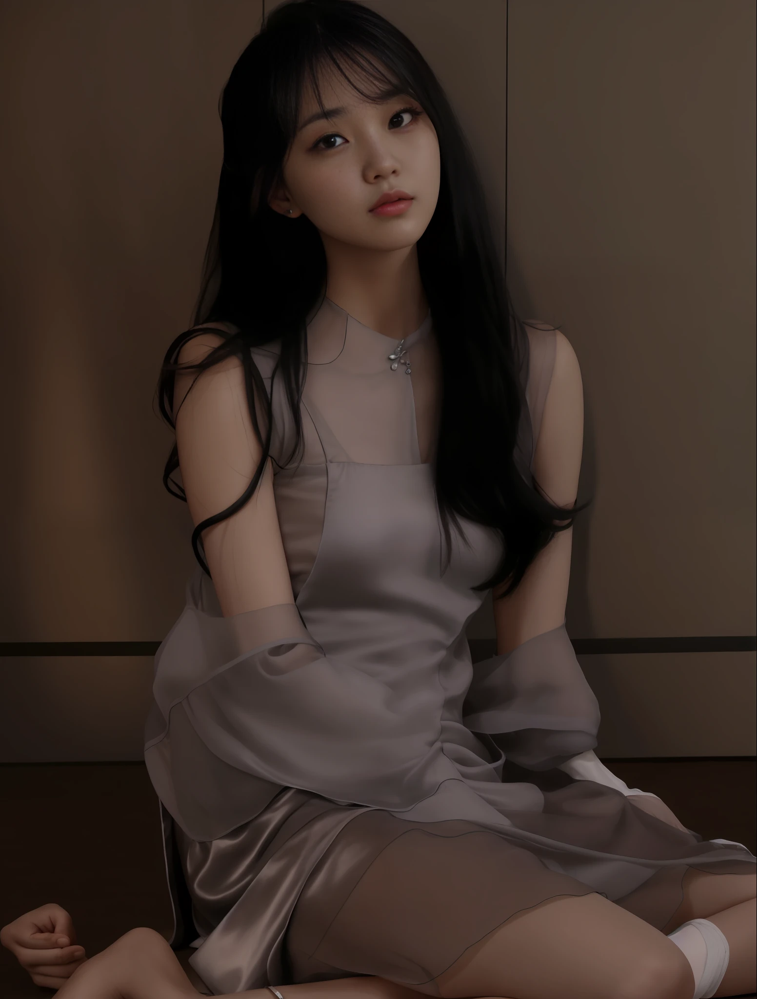 arafed woman sitting on the floor in a gray dress, jinyoung shin, heonhwa choe, seseon yoon, bae suzy, lee ji-eun, lee ji - eun, jia, pastel, full body xianxia, iu lee ji-eun as a super villain, transparent gray dress, jaeyeon nam, eora