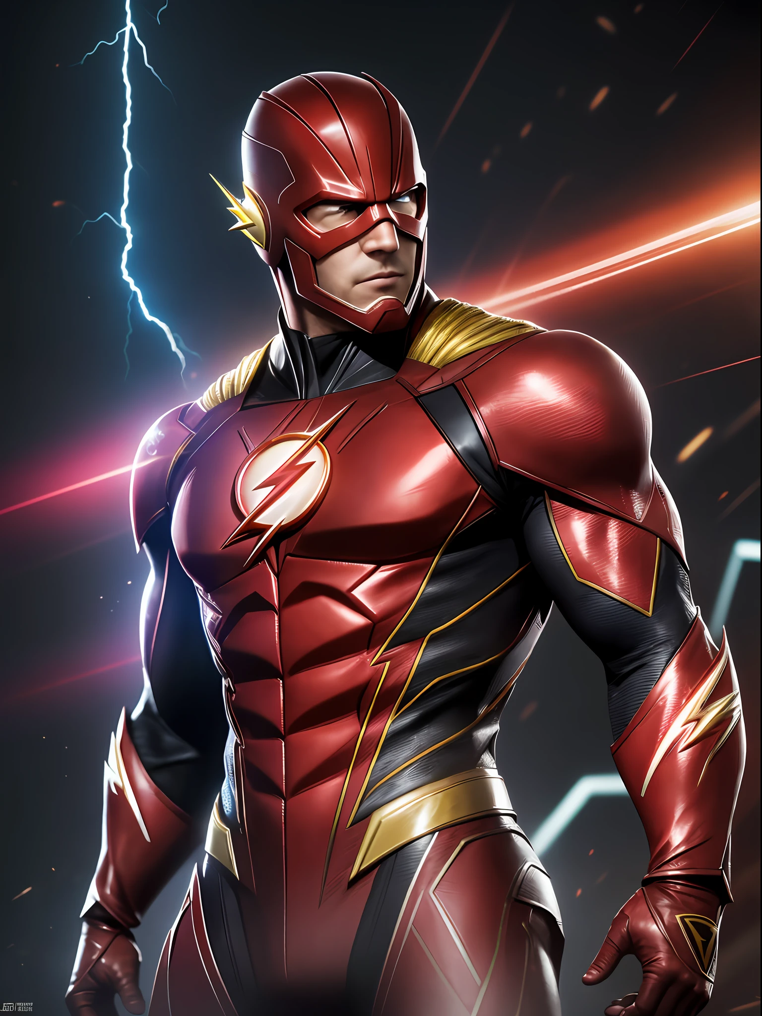 The Flash (Injustice 2), best quality, high resolution, tall, muscular, hunk, black and scarlet red neon suit, yellow lightning trail, detailed face, detailed suit, masterpiece, tunnle of light in the background, 4k, raw photo, volumetric lighting, low camera angle