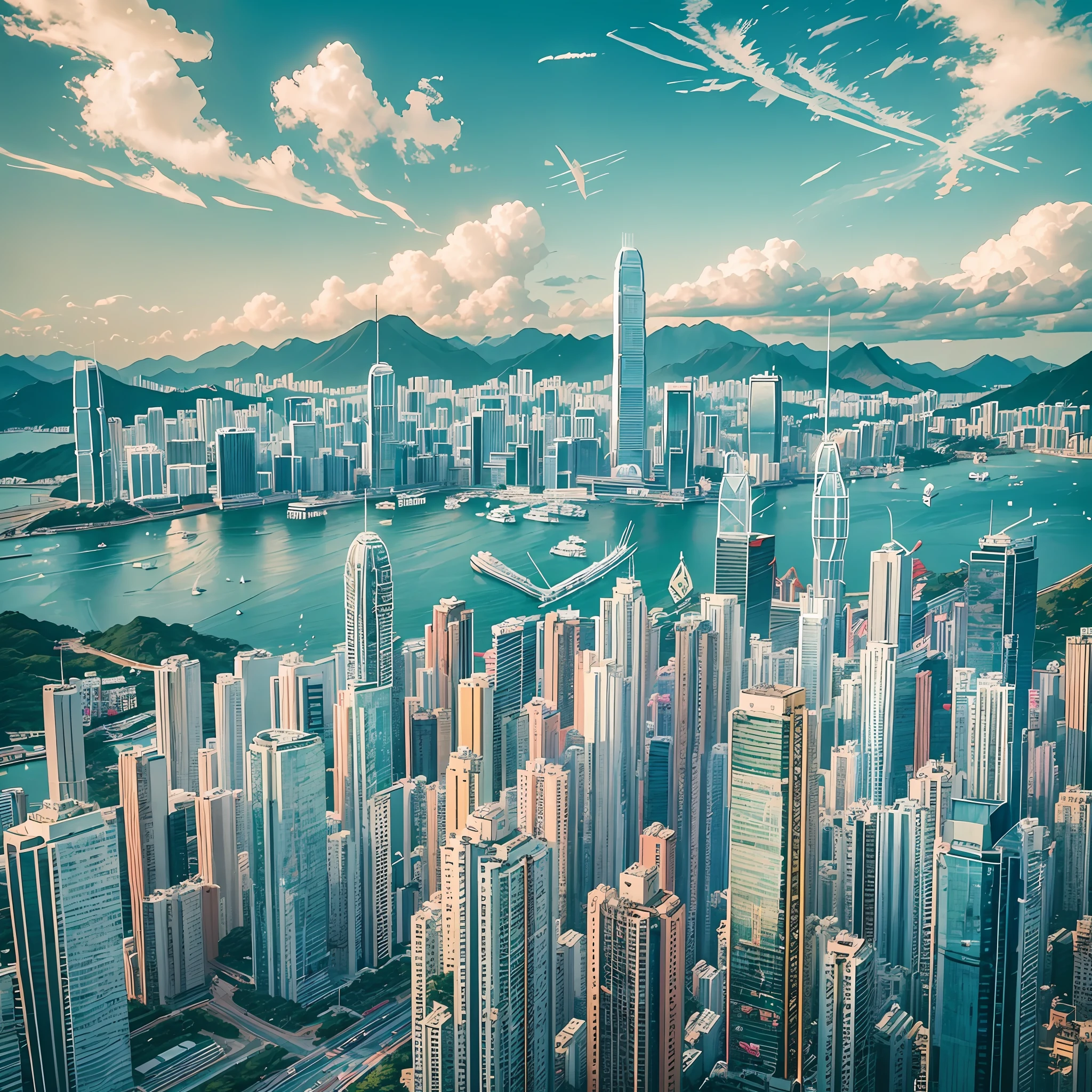 RAW, masterpiece, ultra-fine photo, best quality, ultra-high resolution, Hong Kong city, hand-drawn style, showing the bright prospects of harmony, cultural integration, peace and stability, interconnection, common development and win-win cooperation between Hong Kong and the mainland --auto --s2