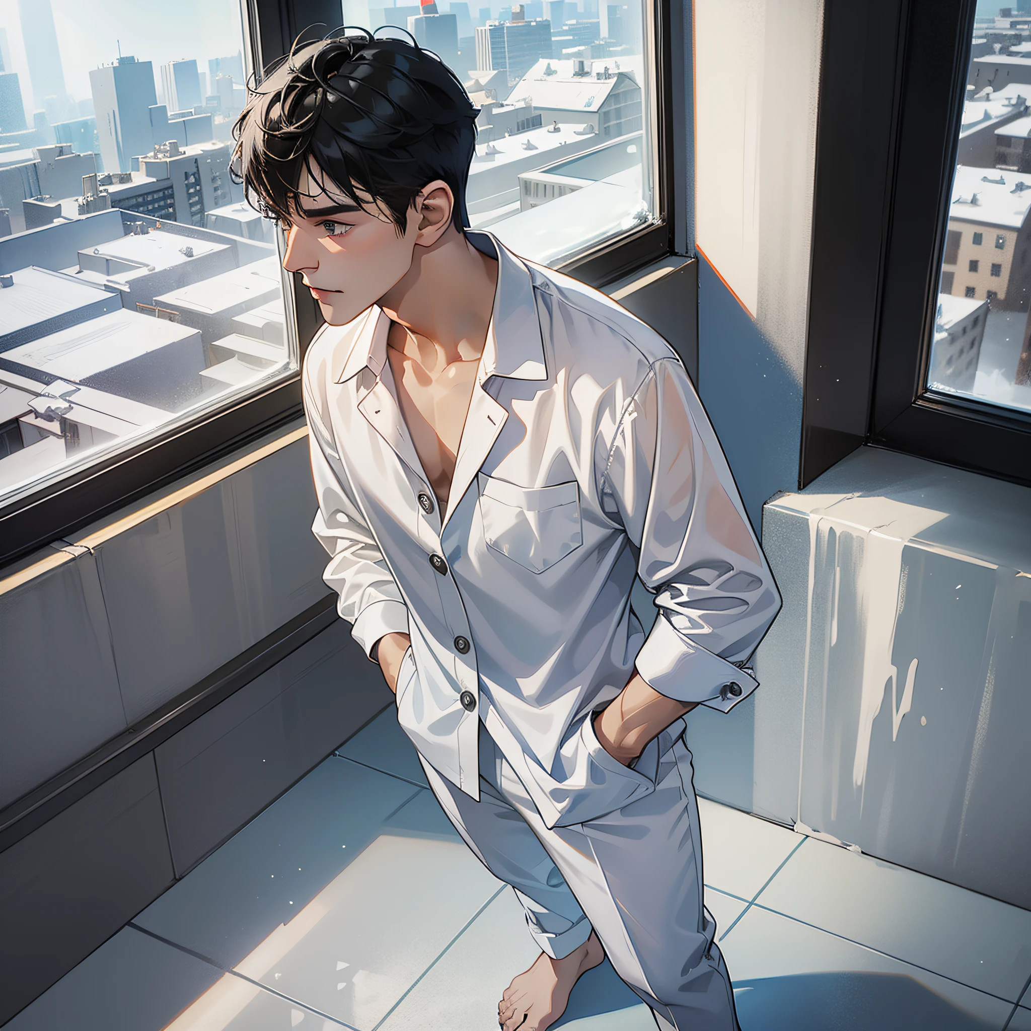 Male, short black hair, wearing white buttoned pajamas, standing in front of the floor-to-ceiling window, the window is icy and snowy, the whole body
