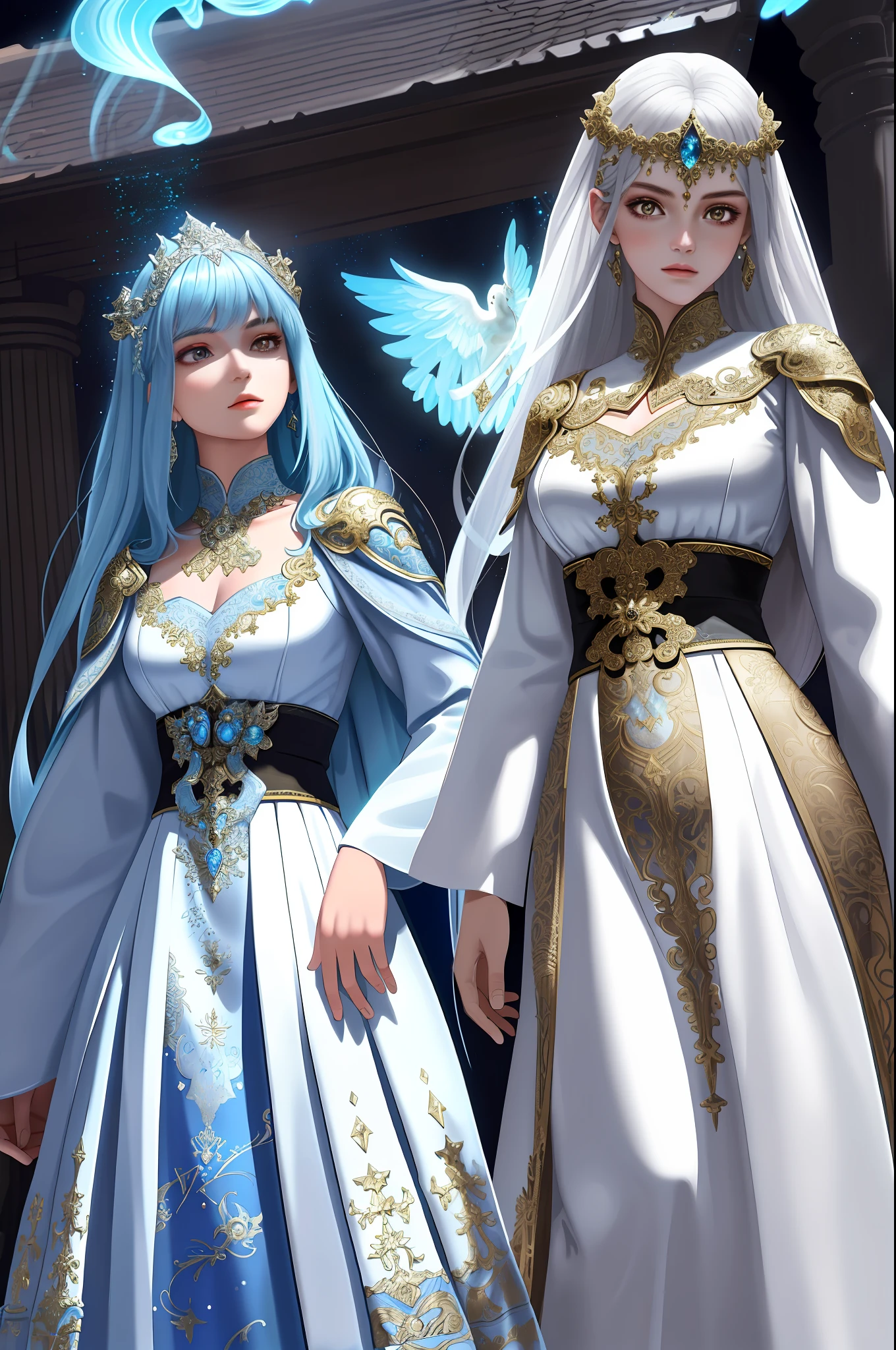 masterpiece, best quality,
2girls, back to back,
young twin girls with contrasting motifs, girl A with white motif symbolizing purity, girl B with black motif representing mystique and power, strong magical abilities despite youthful appearance, determined and powerful poses as guardians of the divine realm, fantastical and majestic divine realm background, light and shadow interplay, mysterious accessories and decorations on their outfits, magical effects and glowing light surrounding them,
 detailed skin texture, detailed cloth texture,  beautiful detailed face, intricate details, ultra detailed,