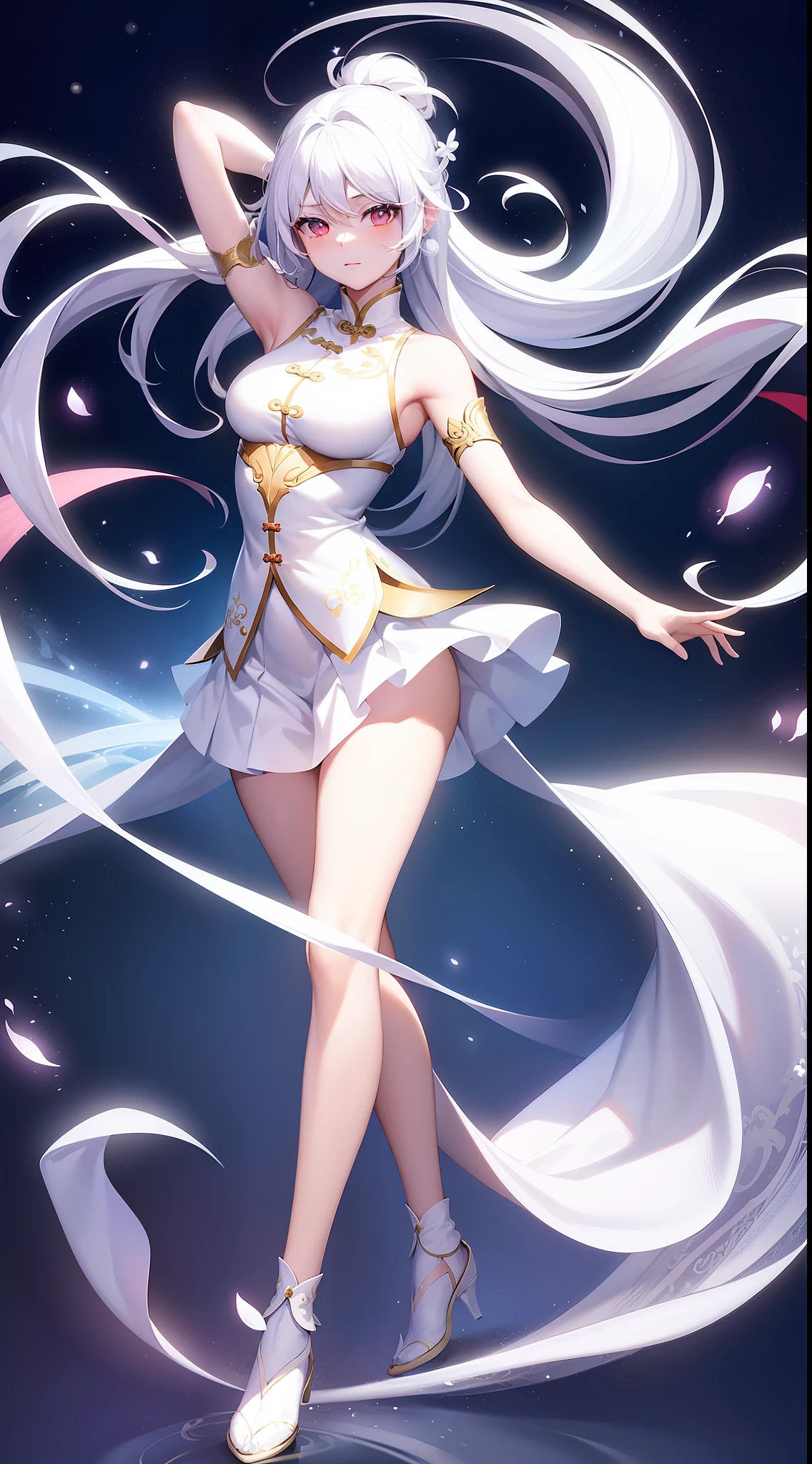 Chinese style fairy dancing, simple style anime girl (female one), white-haired goddess, full body picture, dancing full of elegance, beautiful and cute face, white skin, wearing a white skirt, such as a cold snow lotus, eyes shining, brilliant magic array, gorgeous fairy dress, perfect posture, long hair soft shining white light, dreamy clouds, ink pictures, quiet bloom