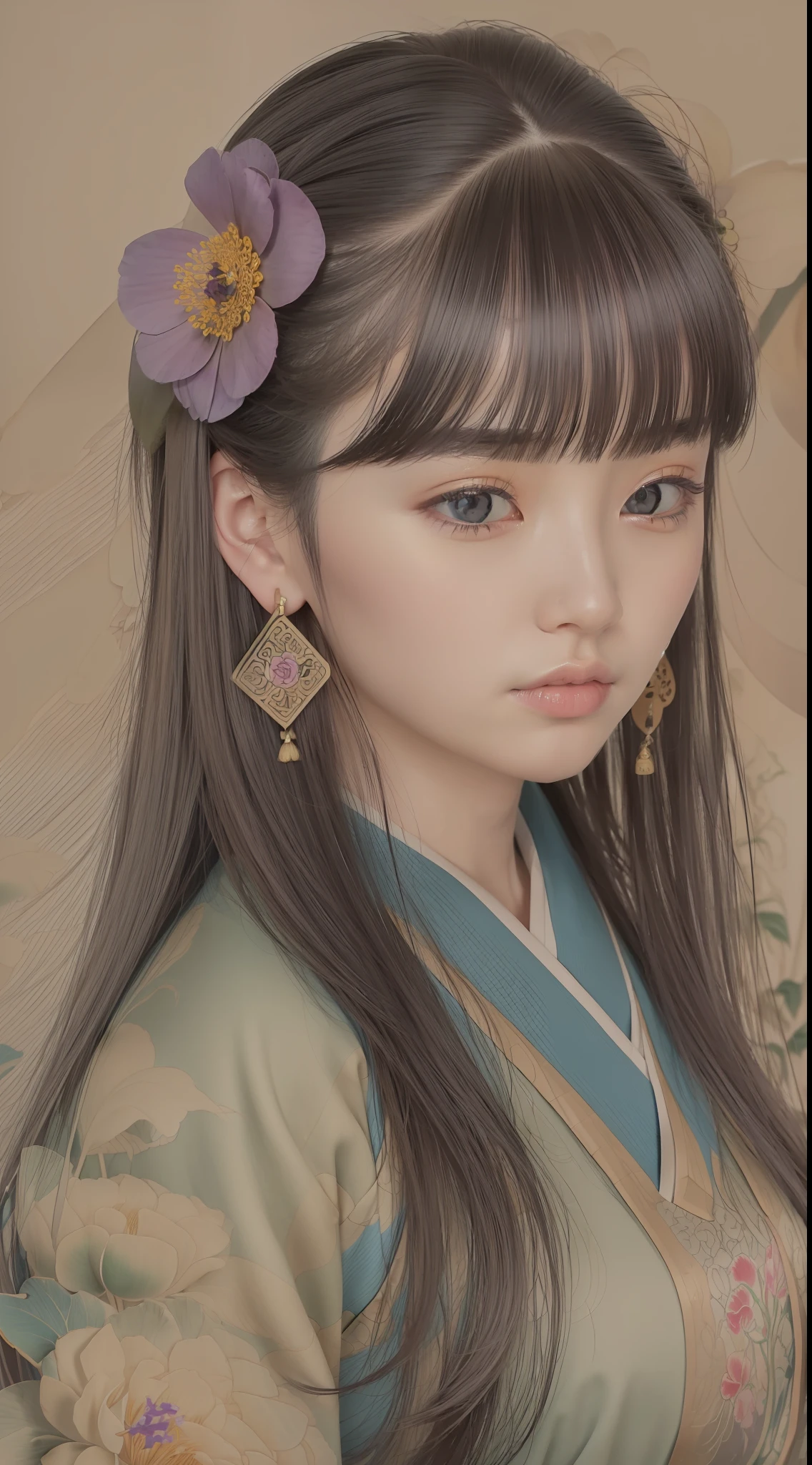 (Gongbi Drawing: 1.3), (Traditional Gongbi Painting), Ink, A Beautiful Tang Dynasty Girl, Solo, Peony Flowers of Multiple Colors, Portrait, Leaves, Bangs, Black Hair, Long Hair, Purple Eyes, Flower Earrings, (Crying), ((((Bust))), 4K Resolution, High Resolution, Ultra High Resolution, Epic Shooting, Detailed, Accurate, Detailed, (Masterpiece)