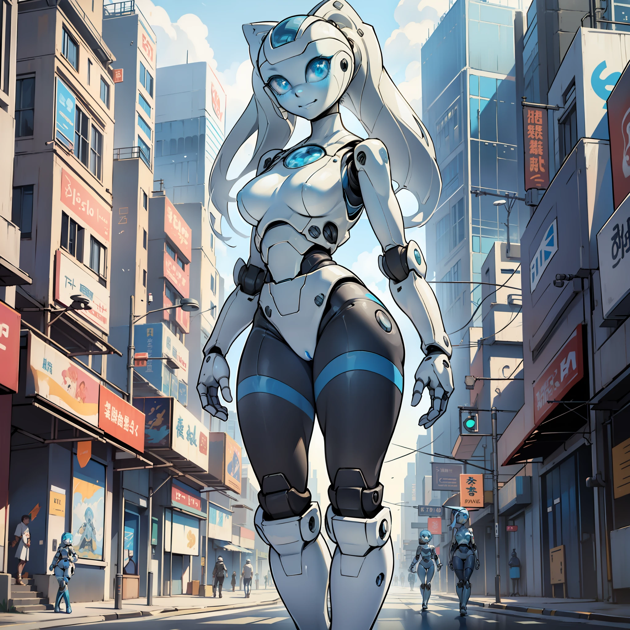 Beautiful and detailed image, jenny wakeman, boots, woman, robot, smile, blue eyes, looking at the viewer, small breasts, 4k, masterpiece, best quality, solo, single character, high detail, (no mouth), big eyes, full-length, standing, street, white city, future, science fiction, legs, metal hair