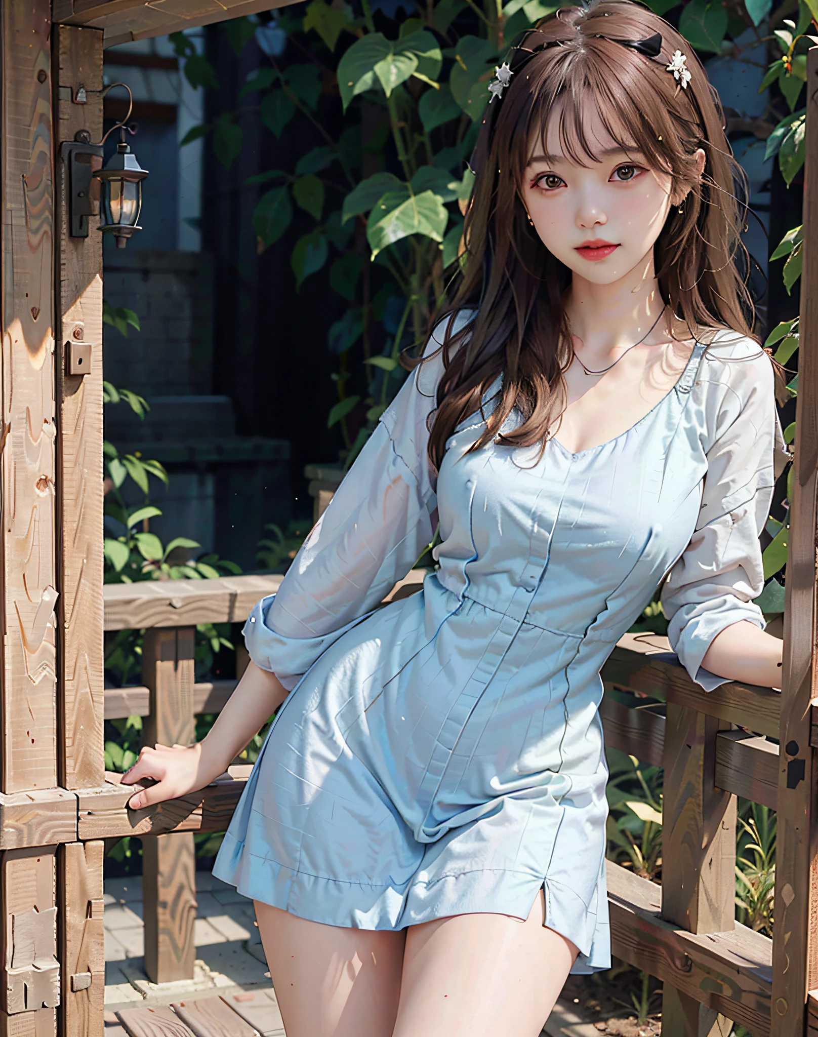 8k,(RAW photo),(best quality), (photo-realistic:1.4),realistic skin texture 1girl,Cute,Double eyelid,bangs,full body,petite,Thin leg,(Slender figure),slim,smile,headgear,earrings,necklace,looking at looking at viewer,face focus,depth of field,club ,(Bust Up Shot:1),Bokeh,,