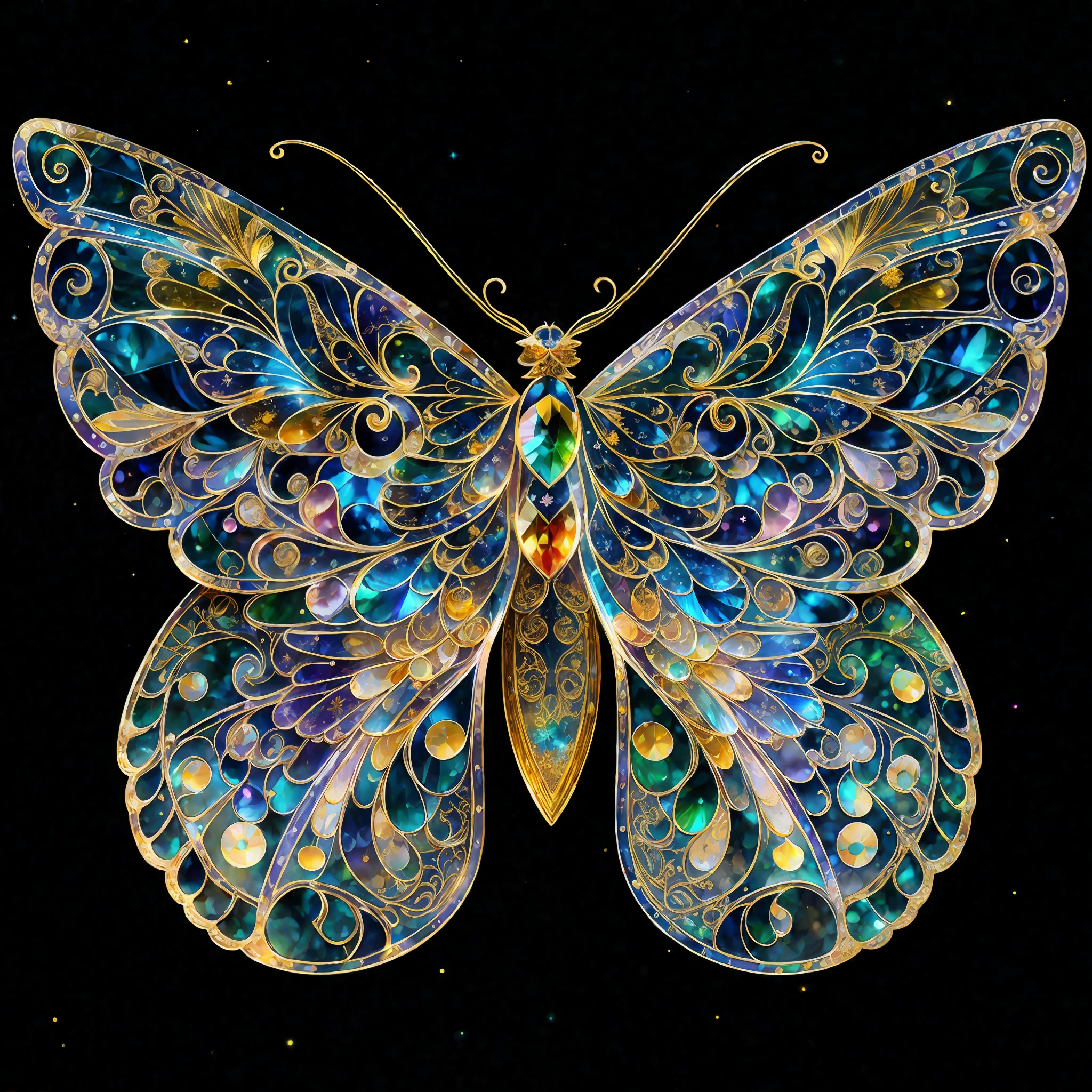 Rainbow color, flying insect, scale, wing, blue, texture, complex, gorgeous, shadow, light pastel color, highly detailed, decorative style, Tim Burton, Dale Chihuli, Xiaolongcheng, Cyril Rolando, author hour gigue, bright gold, rainbow gold leaf, gold dust, sparkle, diamond, crystal, rainbow, gold dust, gold leaf, bright gold, universe, milky way, starry sky, traditional Chinese color scheme, traditional Chinese pattern, treasure phase flower, William Morris