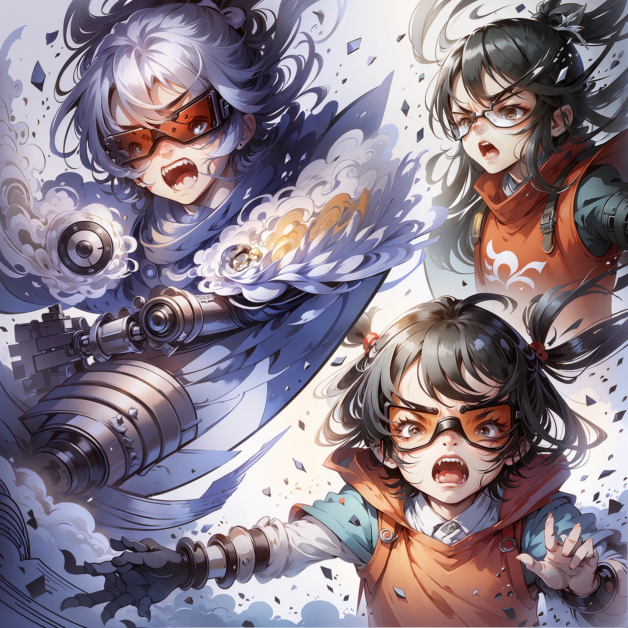 A little boy wearing VR glasses, multiple actions and expressions, surprise, anger, joy, as illustration set, bold manga style, dynamic pose, white background --auto --s2