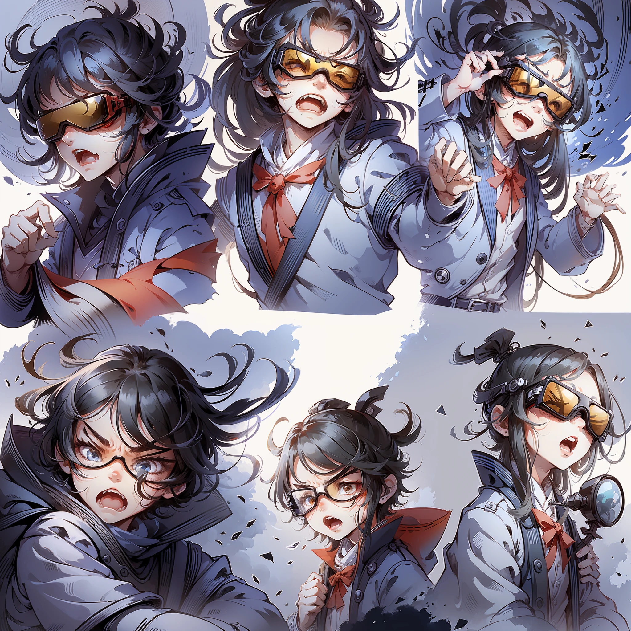 A wearing VR glasses, multiple actions and expressions, surprise, anger, joy, as illustration set, bold manga style, dynamic pose, white background --auto --s2