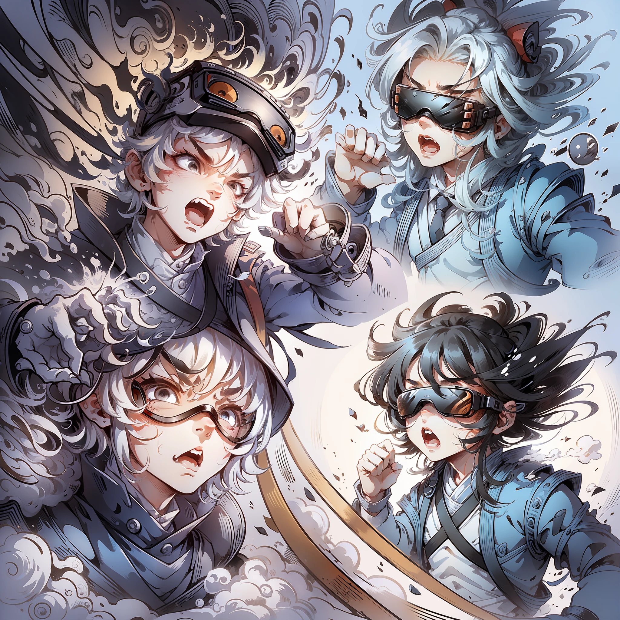 A wearing VR glasses, multiple actions and expressions, surprise, anger, joy, as illustration set, bold manga style, dynamic pose, white background --auto --s2