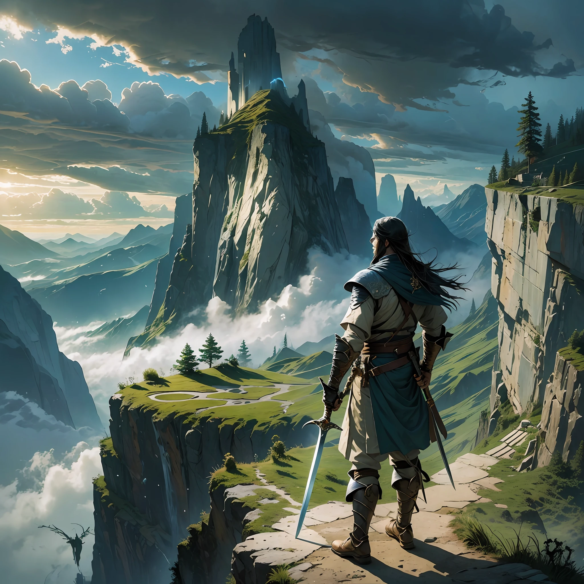 2.5D game style, two-dimensional, a swordsman facing the cliff guard, the towering cliff is magnificent and magnificent, surrounded by undulating mountains, clouds and mist, trees, the picture is full of movement, the central character is heroic, holding the sword and staring ahead, the sword posture is powerful, the sword light and shadow. --auto --s2