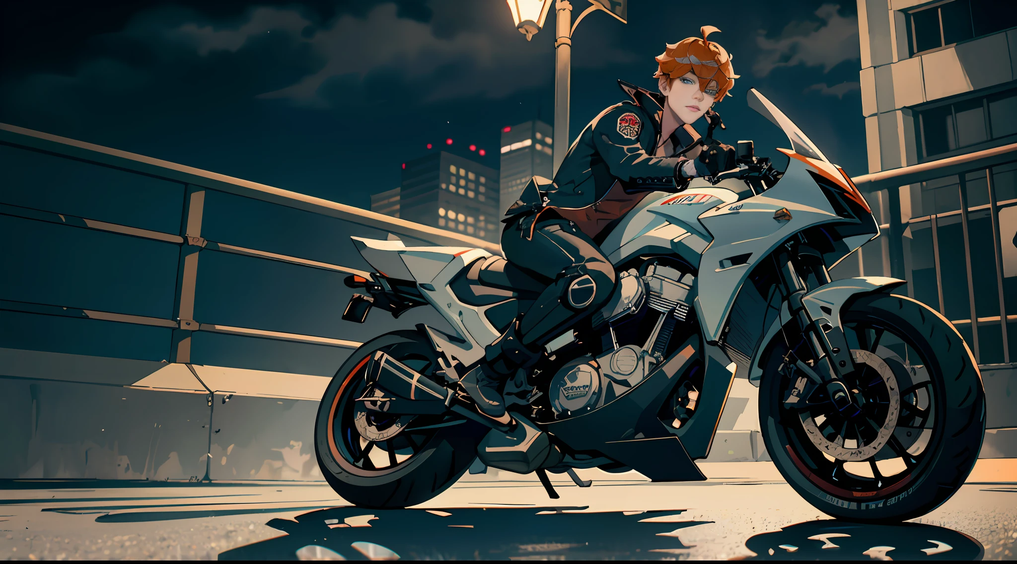 Masterpiece, best quality, tartaglia (genshin impact), gloves, mask, 1boy, blue eyes, black gloves, solo, orange hair, bangs, hair between the eyes, gray jacket, (((sitting on a motorcycle))), (motorcycle), (competitive moto), ((full body)), cyberpunk, street, night